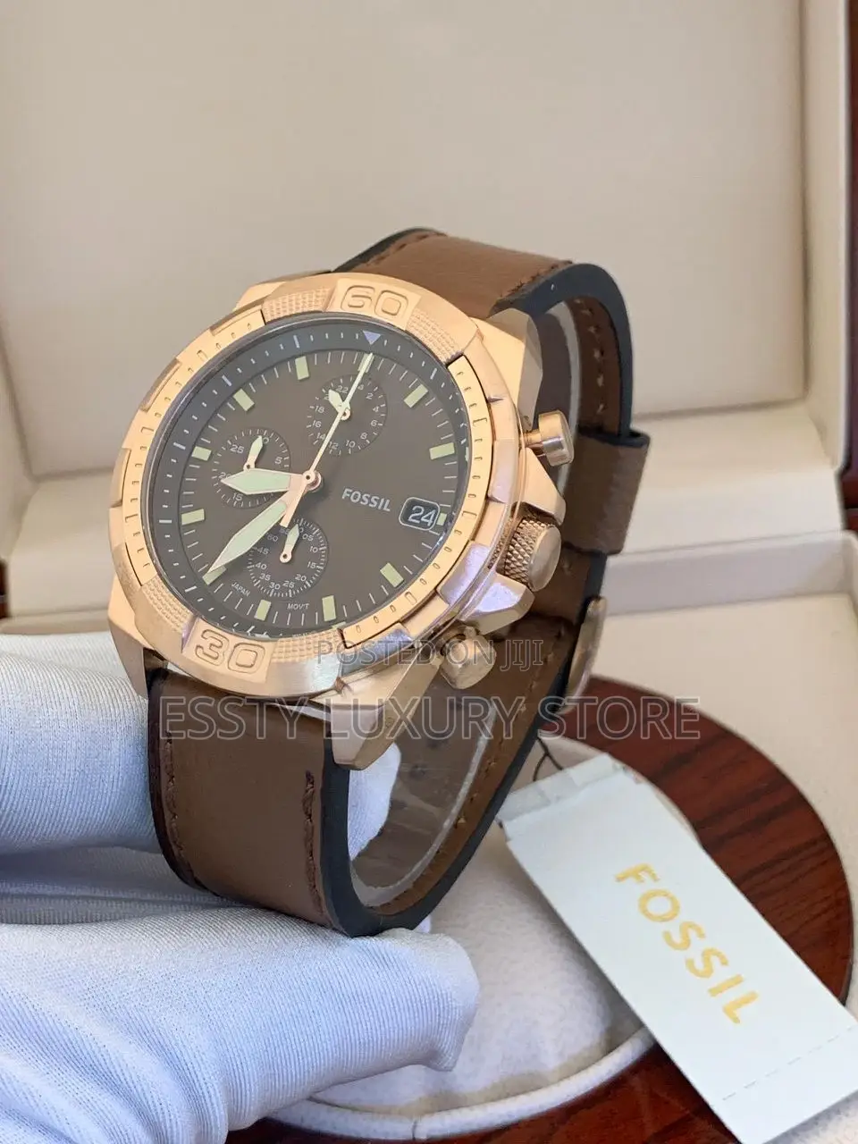 Fossil Chronograph Rose Gold Head Brown Leather Strap