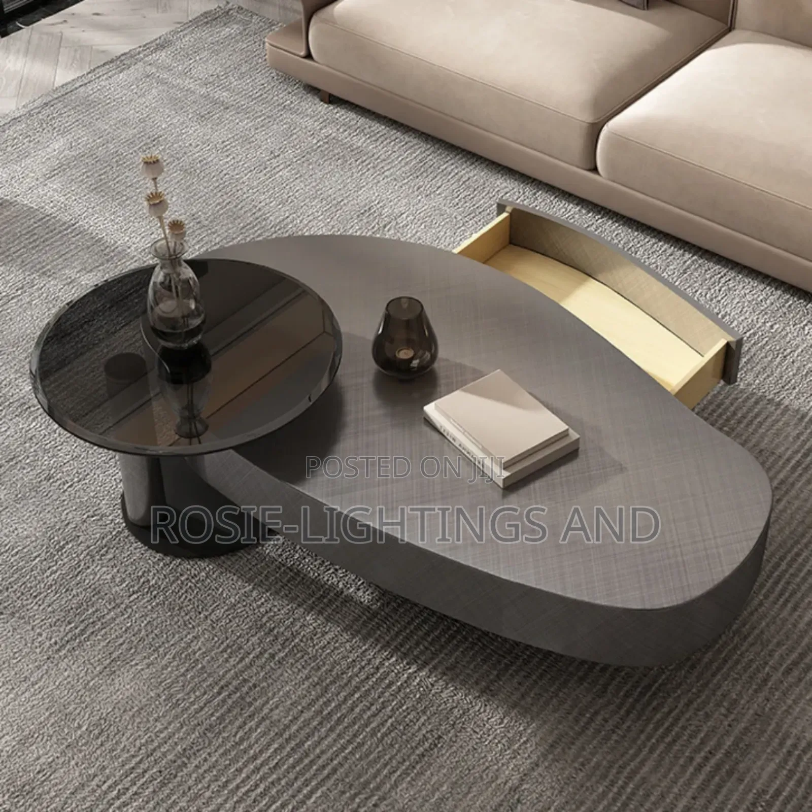 Luxury Stainless Steel and Wooden Oval Coffee Table (Set)