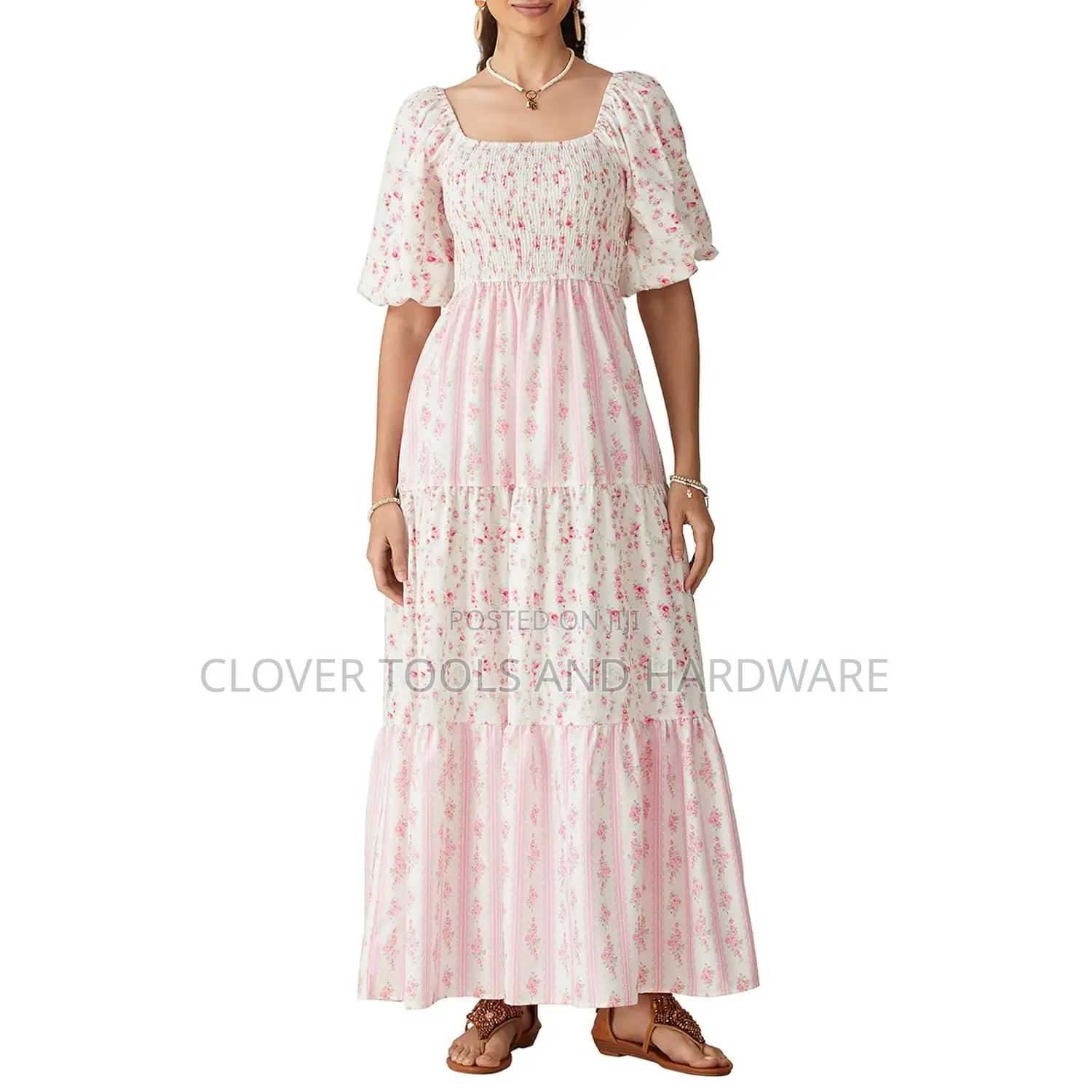 Women Floral Long Dress Smocked Puff Sleeve