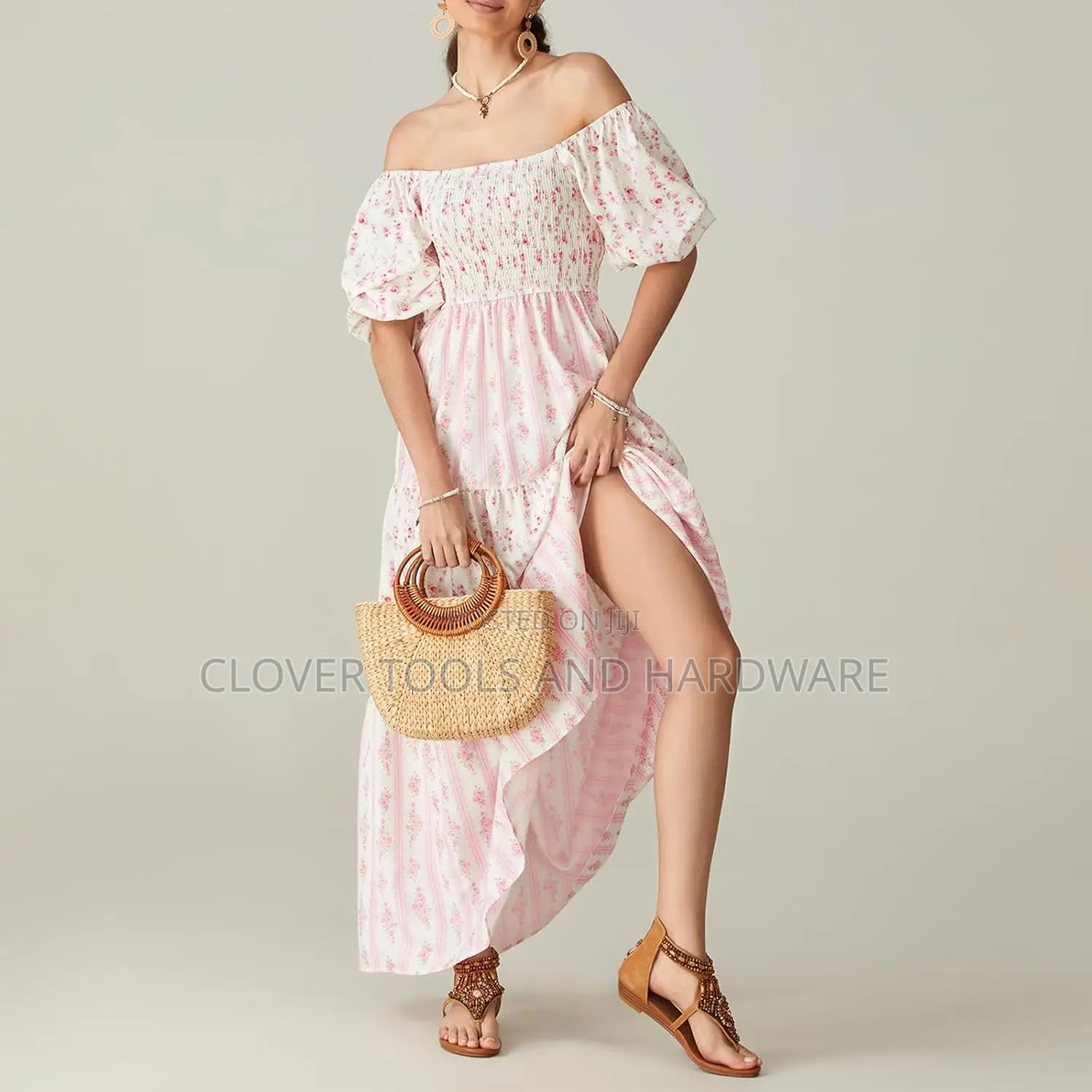 Women Floral Long Dress Smocked Puff Sleeve