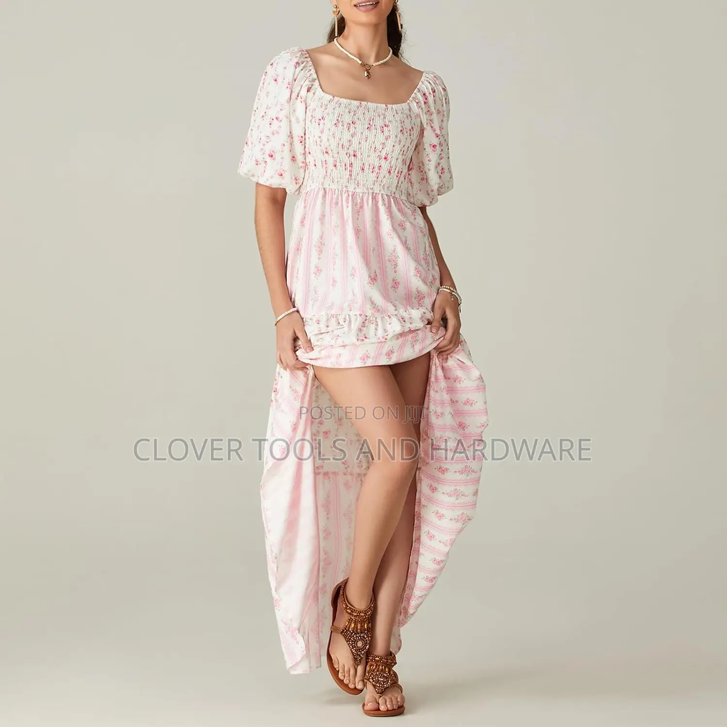Women Floral Long Dress Smocked Puff Sleeve