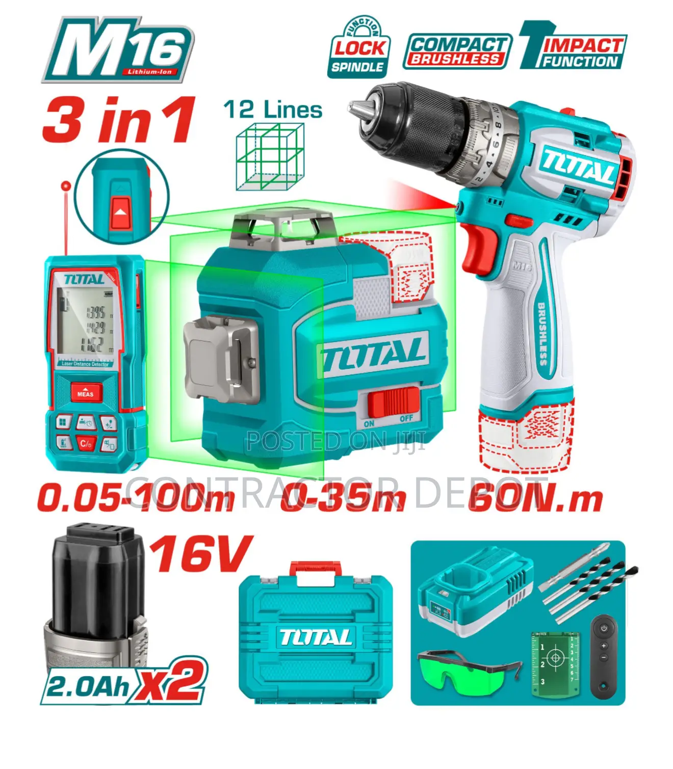 Total 3pcs Laser And Multimeter, Impact Cordless Drill Set