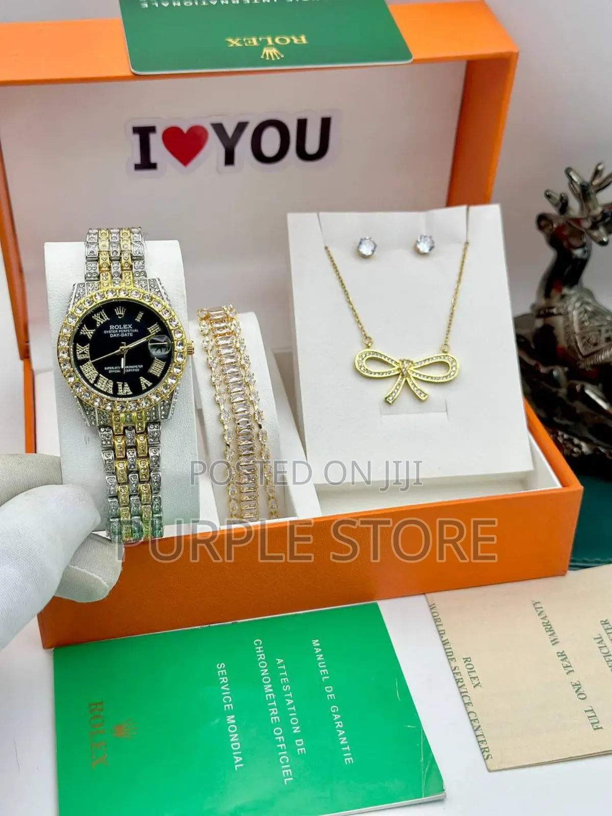 Rolex Women Full Stone Watch and Quality Jewelry Set
