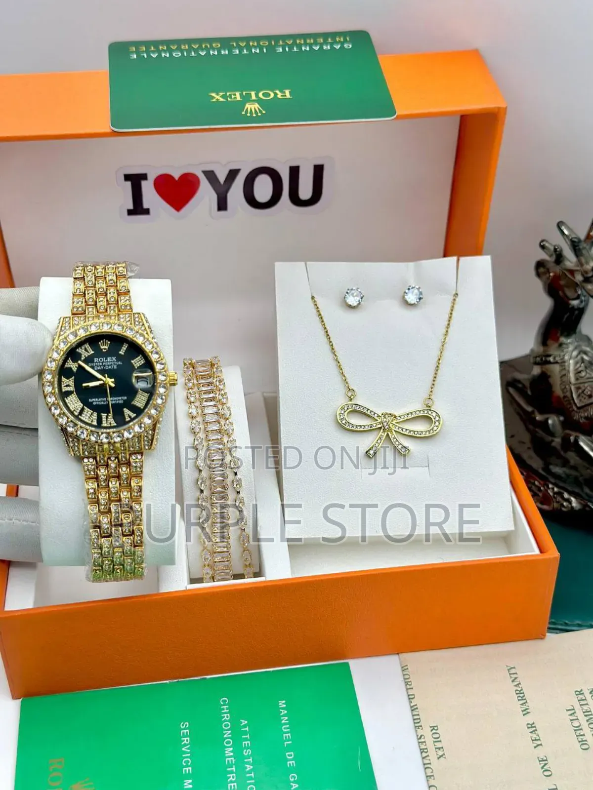 Rolex Women Full Stone Watch and Quality Jewelry Set