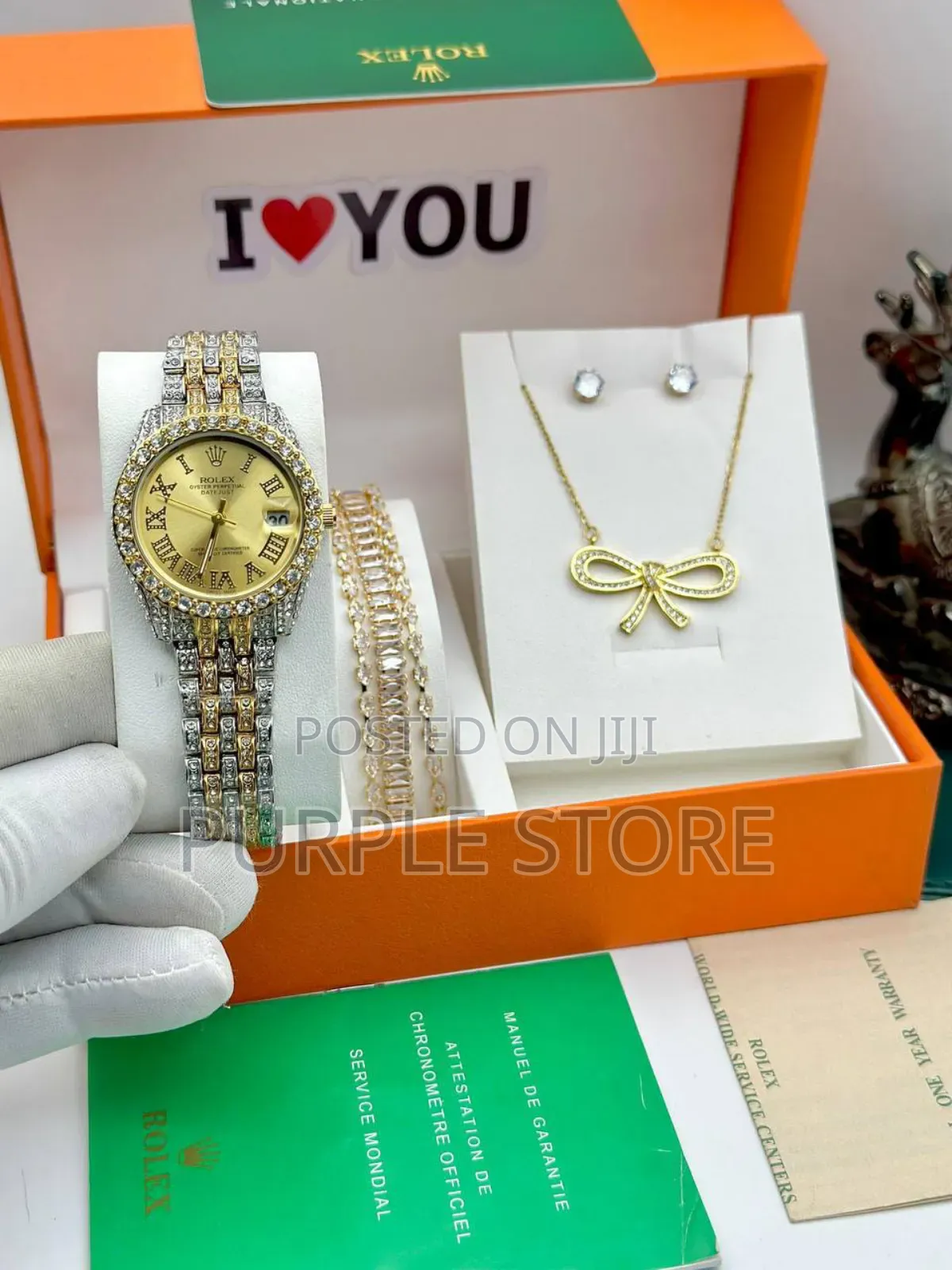 Rolex Women Full Stone Watch and Quality Jewelry Set