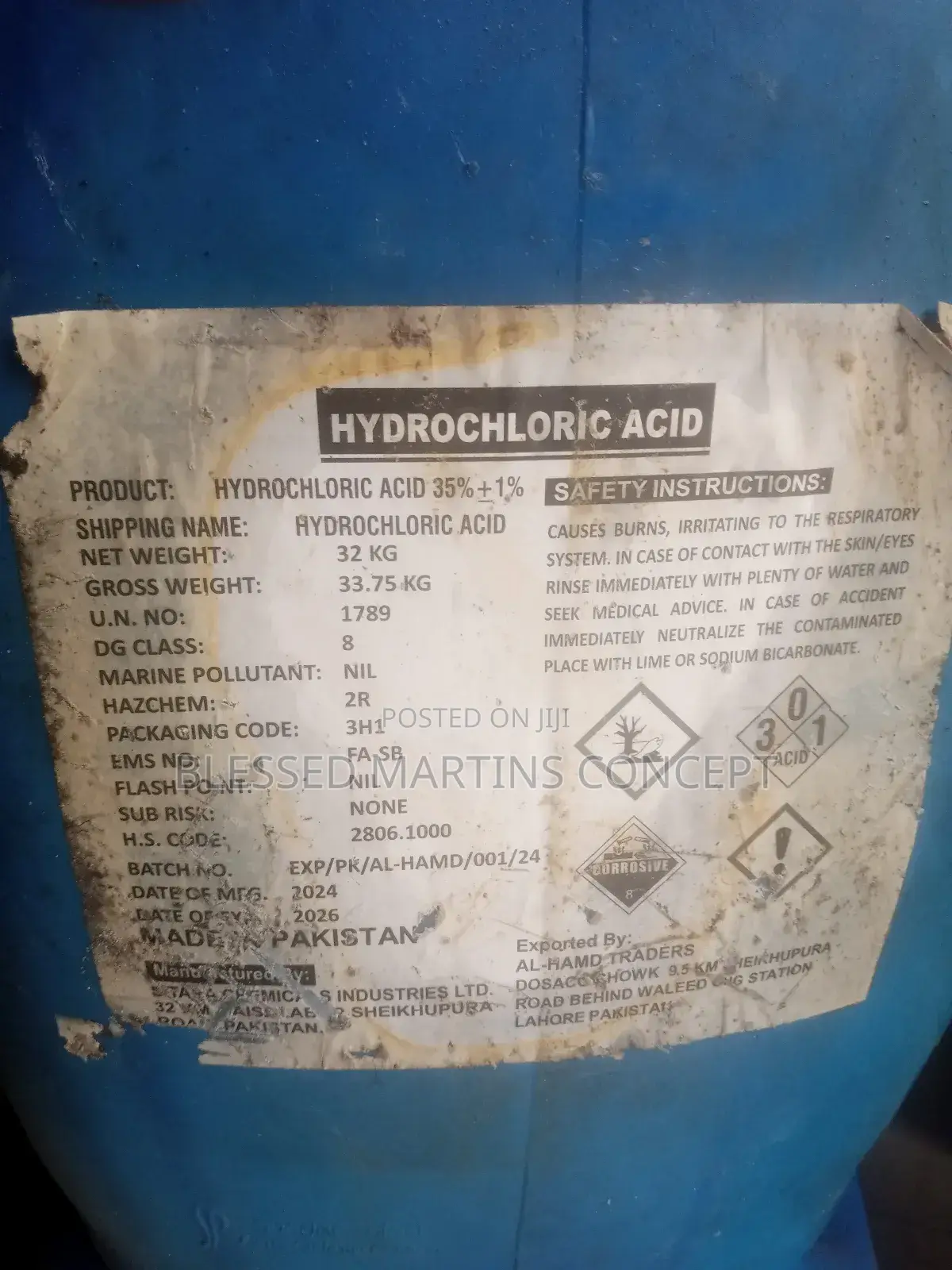 Hydrochloric Acid.Net Weight:32kg