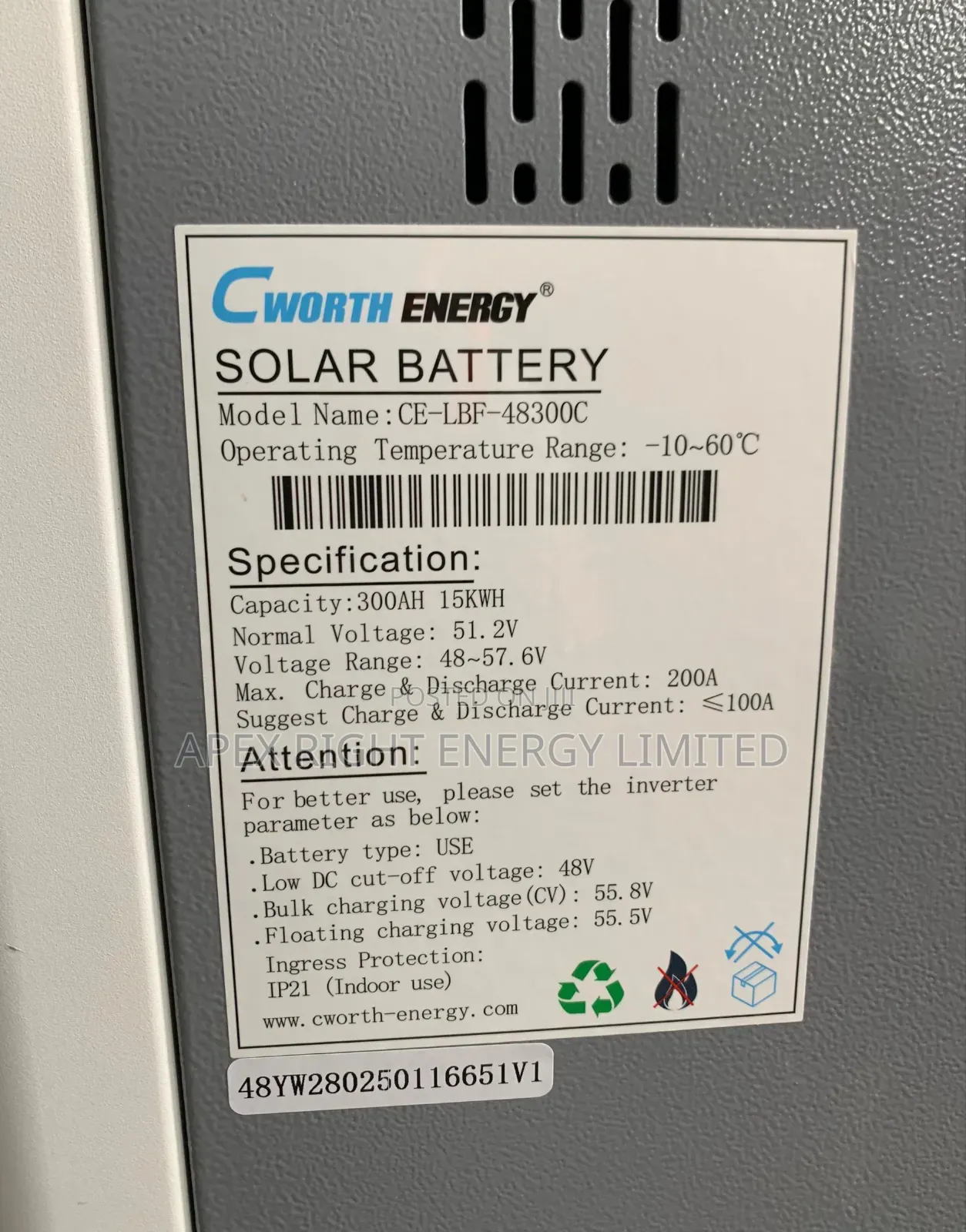 15kwh Cworth Lithium Battery 51.2volts 8-years Warranty
