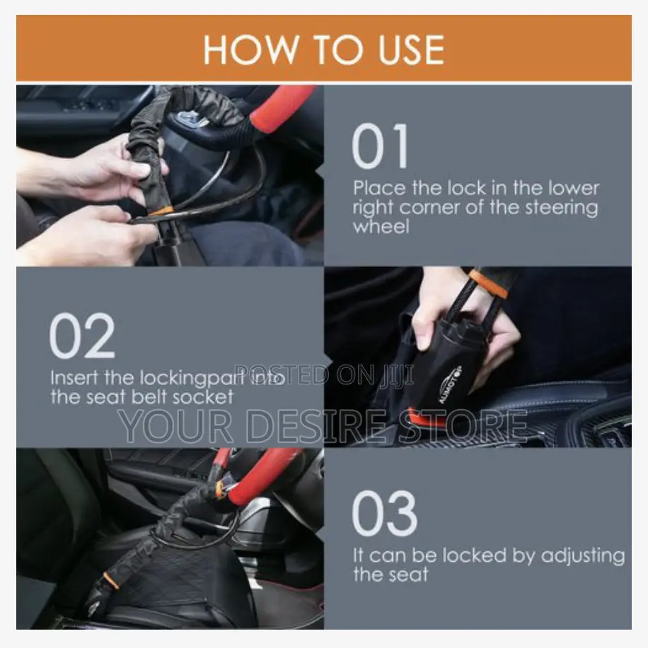 Universal Steering Wheel Lock Anti-Theft Device - Black