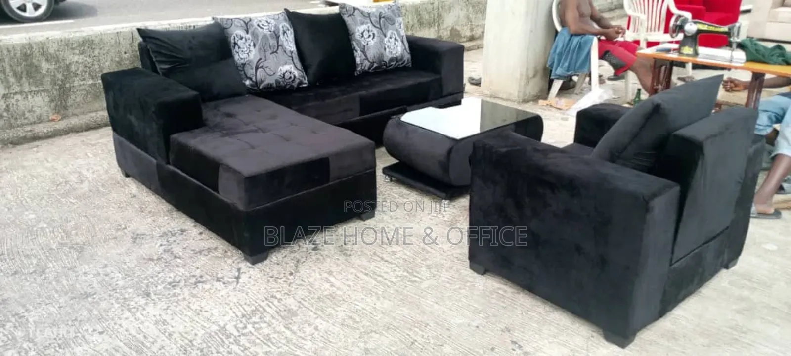 Black L- Shaped Fabric Sofa