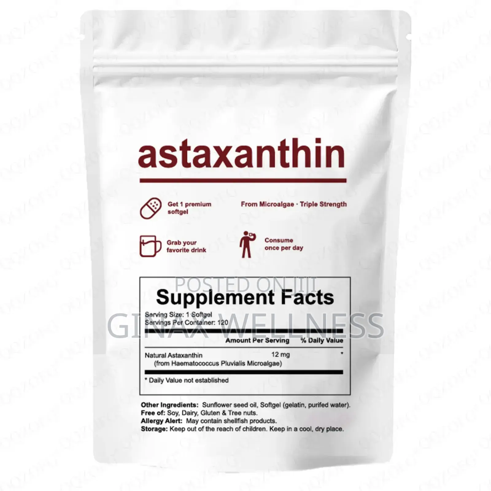 Astaxanthin Capsules (120 Softgels, 12mg, From Microalgae)