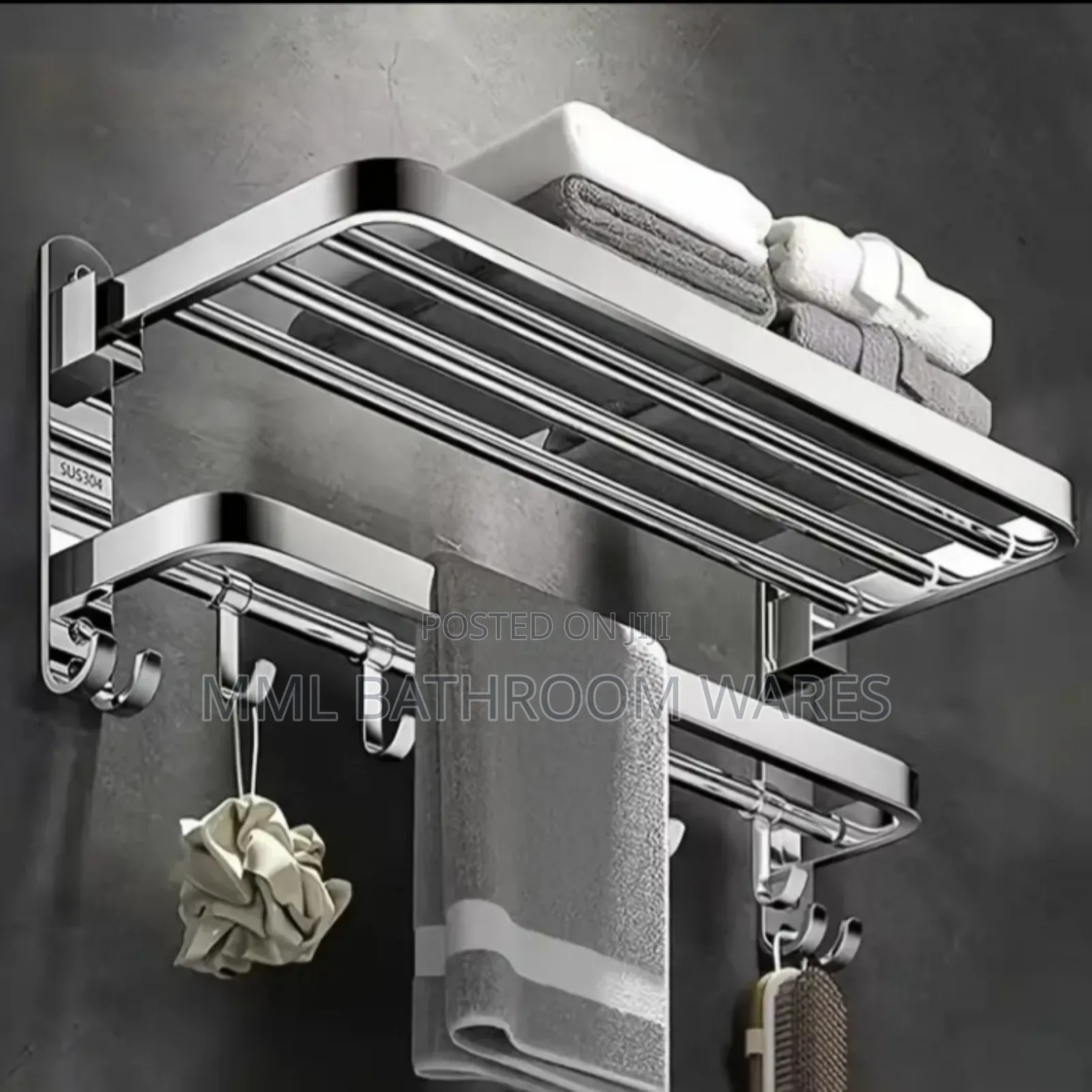 Stainless Steel Double-Layer Foldable Towel Rack With Hooks