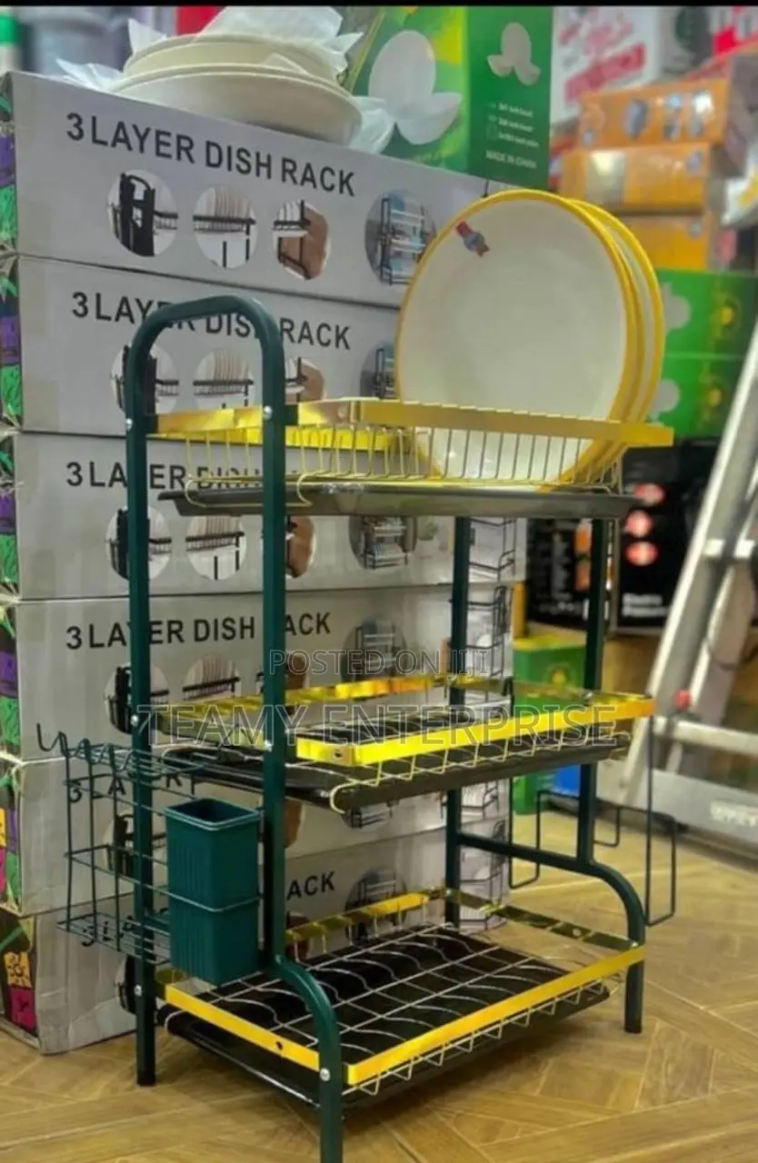 Quality 3 Layers Dish Rack - Green and Gold Trolley 3 Steps