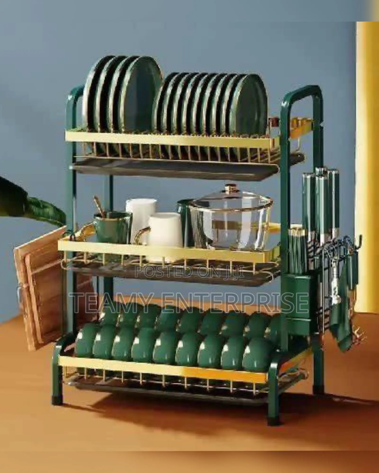 Quality 3 Layers Dish Rack - Green and Gold Trolley 3 Steps