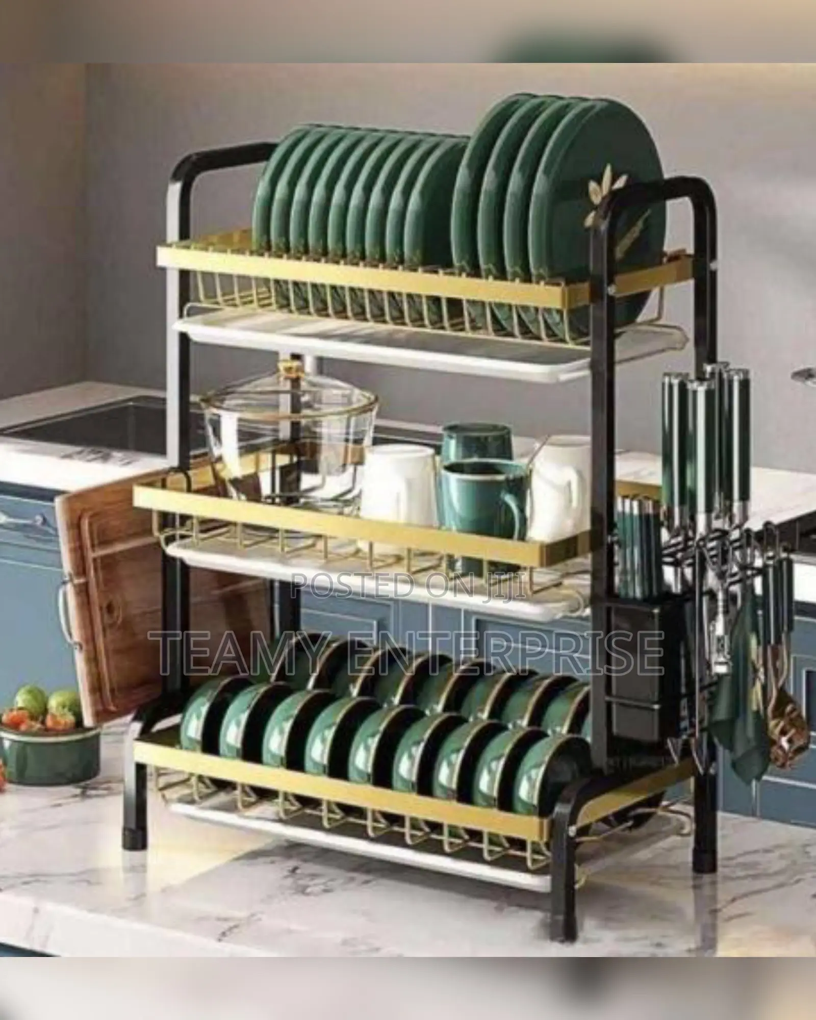 Quality 3 Layers Dish Rack - Green and Gold Trolley 3 Steps
