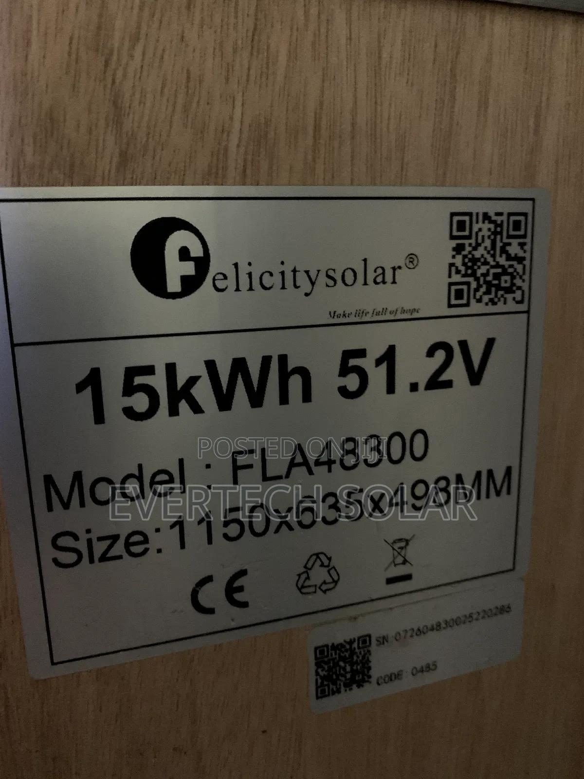 15kwhs Felicity Lithium Battery Flat 51.2v