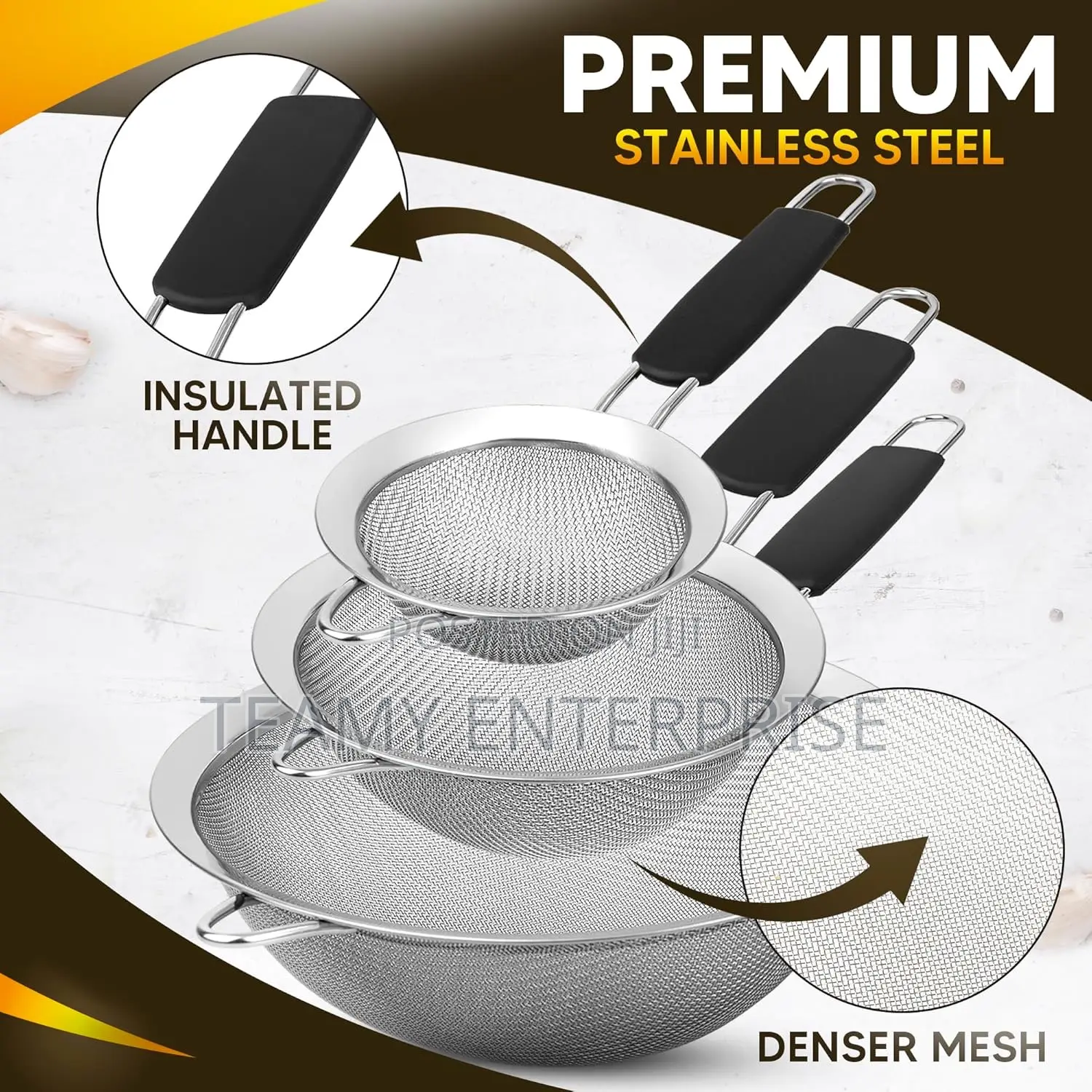 3 Stainless Steel Fine Mesh Strainers Filters With Insulated Handles