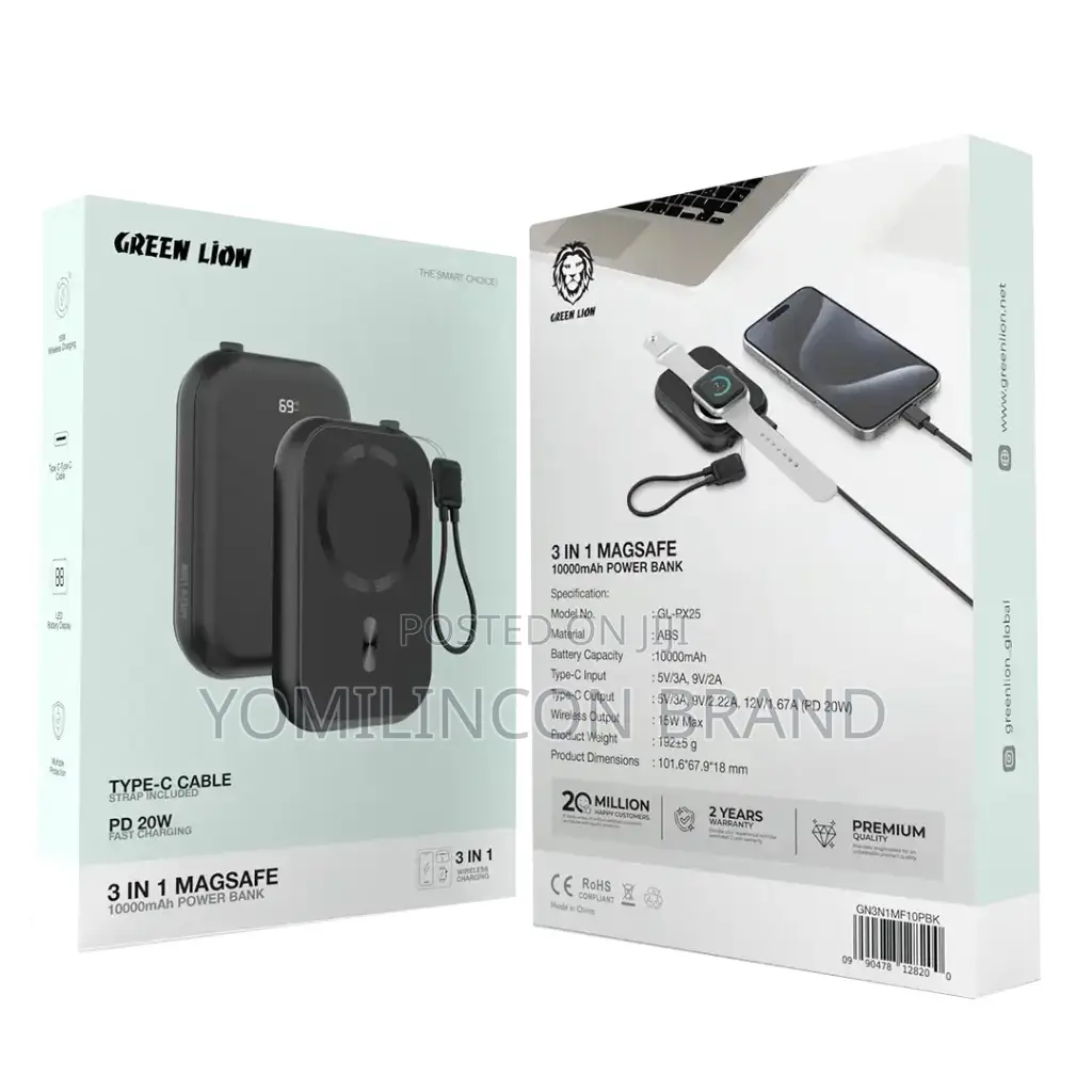 Green Lion 3 in 1 Magsafe 10000mah Power Bank - Black