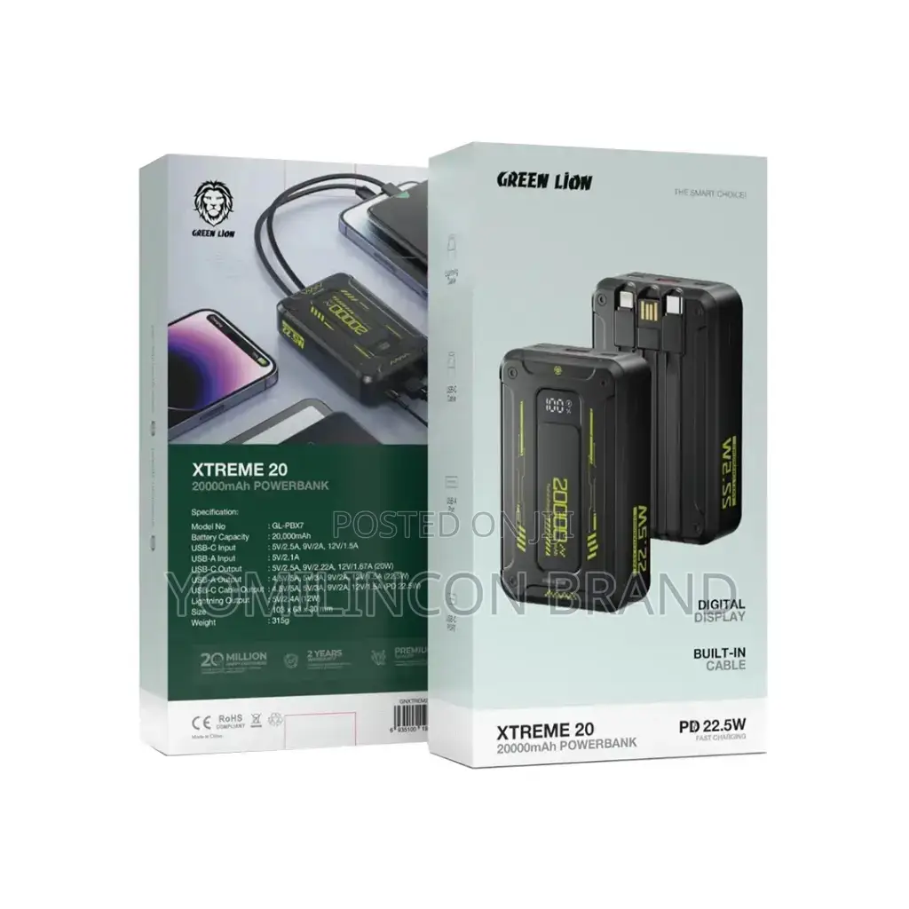Green Lion Xtreme 20 Power Bank 20000mah Pd 22.5w - Black