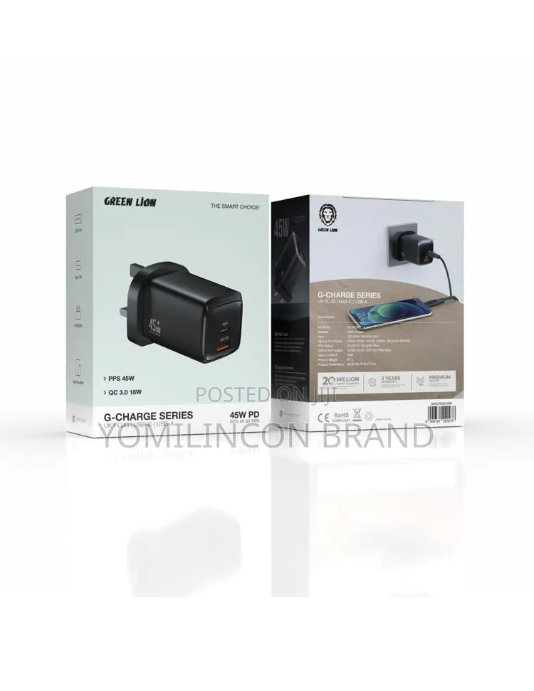 Green Lion 45w Ultra-Compact Dual Port Charger, Gan Wall Adapter