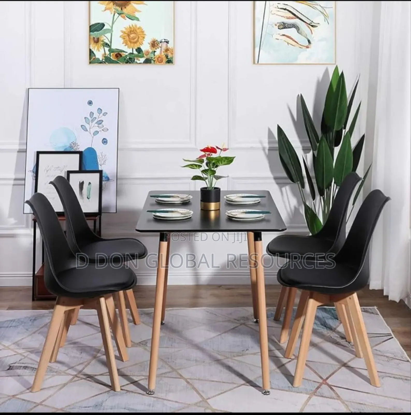 Rectangle Dining Table With Four Plastic Seats With Wooden Legs