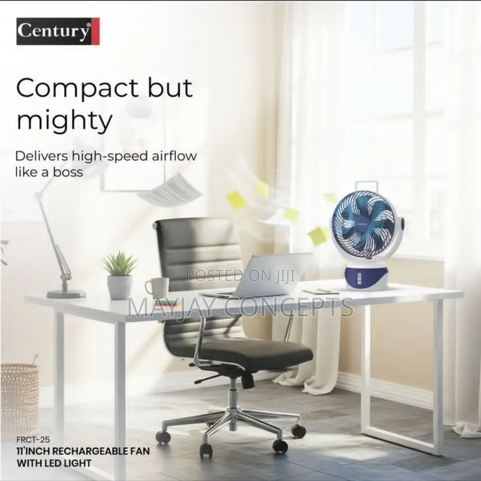 Century 11-Inch Table/Wall Rechargeable Fan With Led Lights-Compact