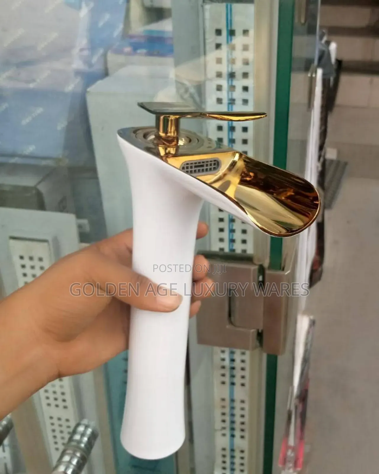 Long White and Gold Waterfall Basin Mixer