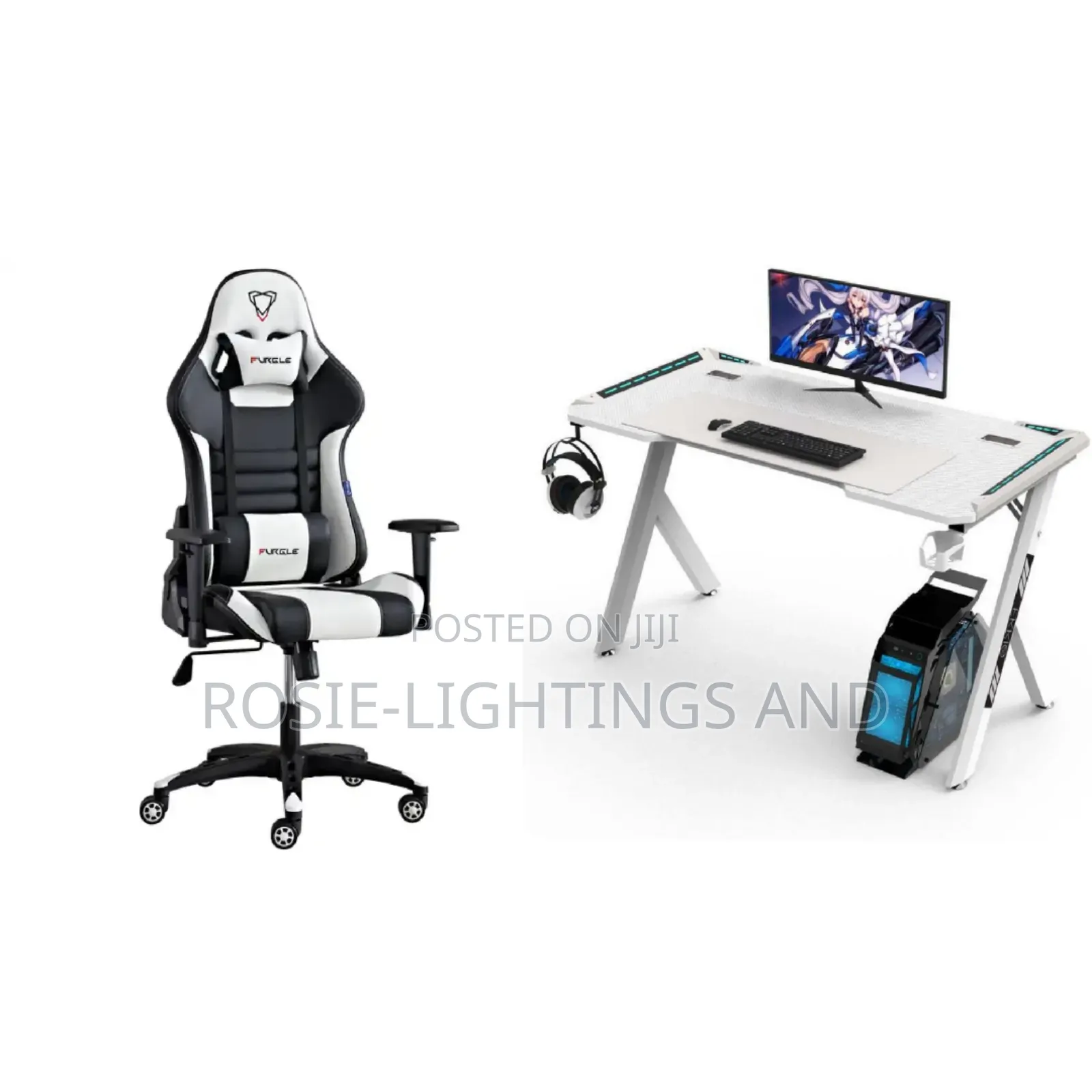 Black White Furgle Gaming Chair White Gaming Table With RGB Light