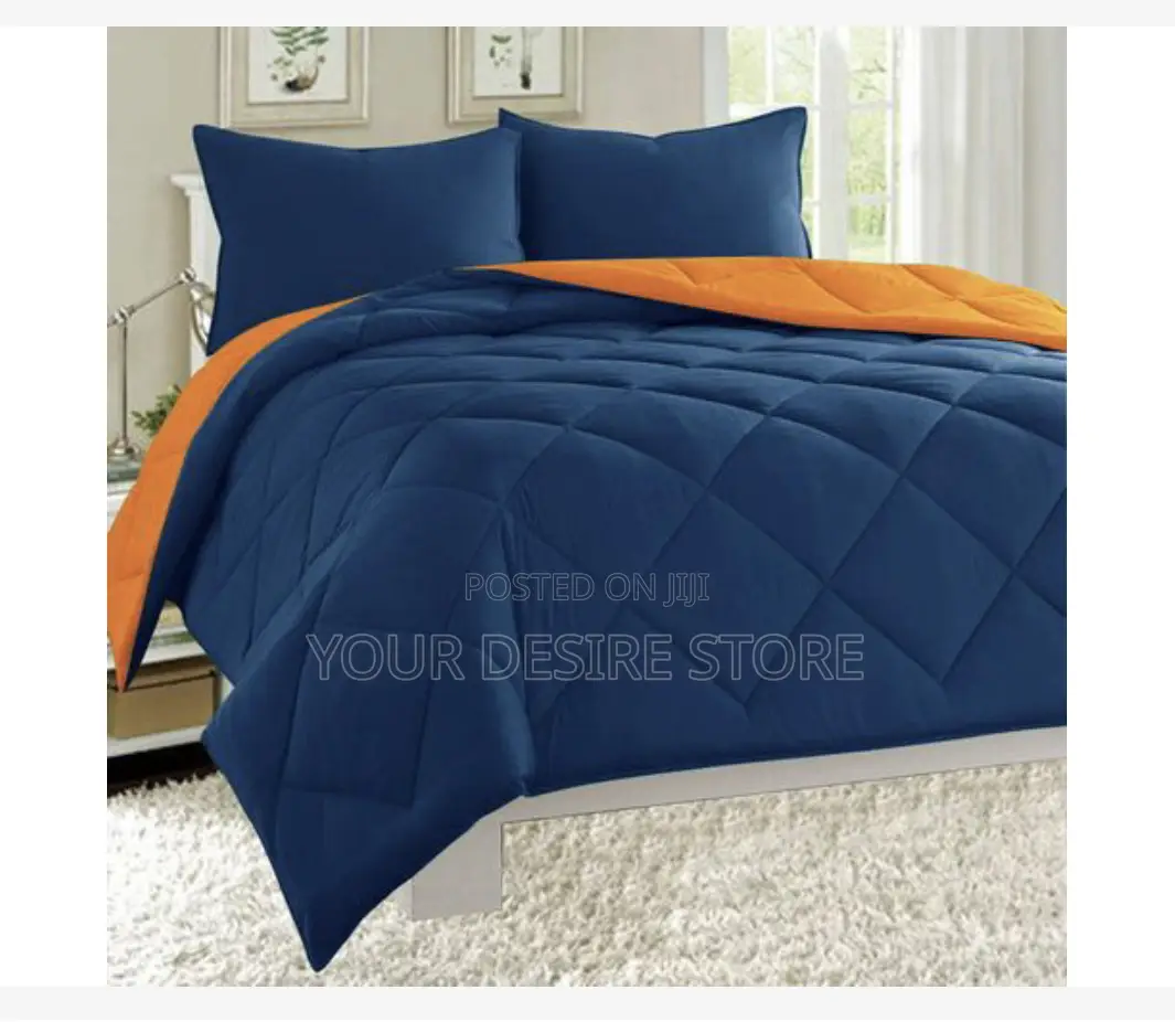 Quality Duvet, Bedsheet With 4 Pillow Cases-Navy Blue/Orange