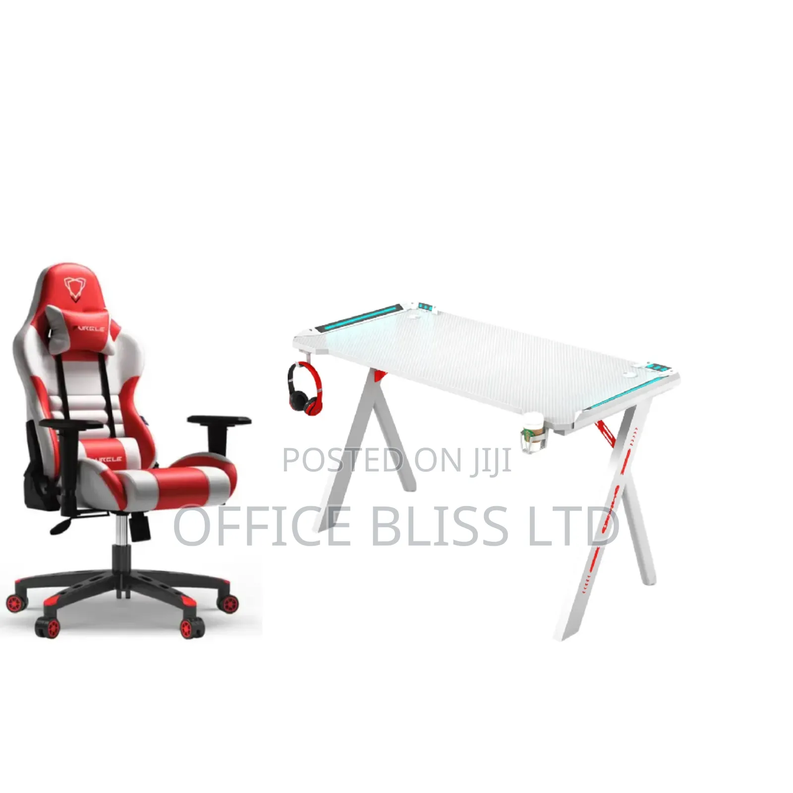 White Red Furgle Chair Chair and Gaming Table With RGB Light Display