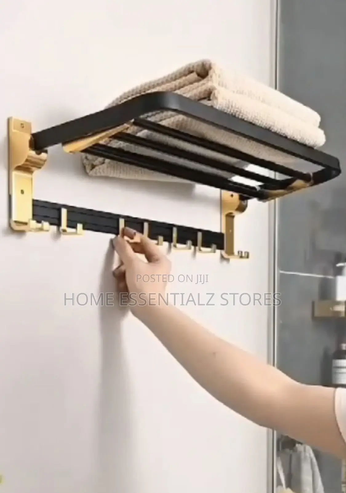 Bathroom Towel Hanger - Foldable Towel Rack With Shelf and Hooks