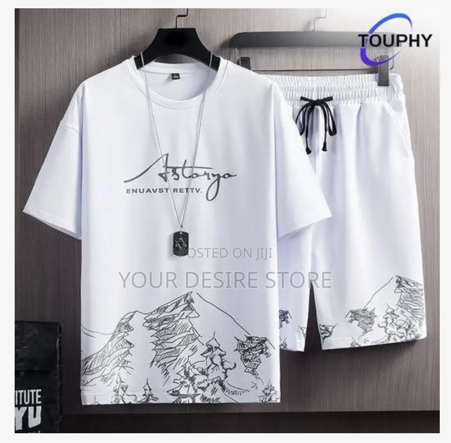 Touphy T-Shirts +Shorts 100% Cotton Men's Short Sleeve Set-White