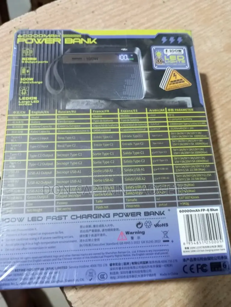 Remax Laptop Power Bank 60000mah / 100w Large Capacity With Led Light