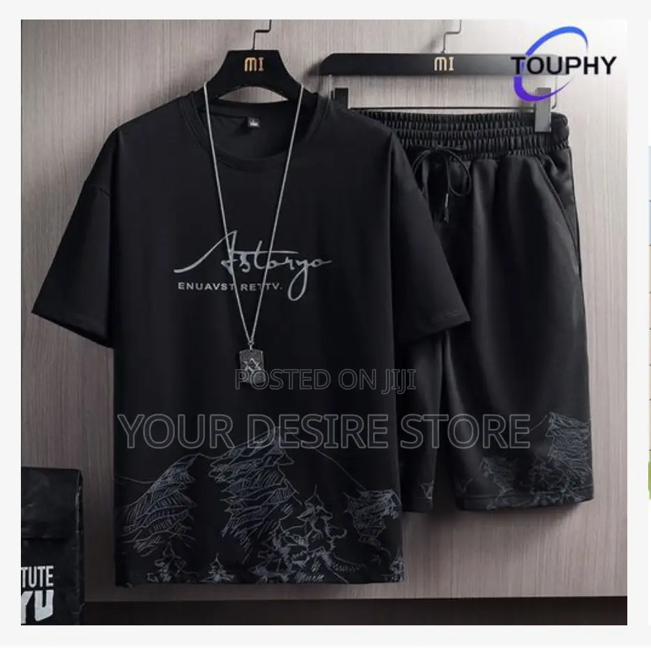 Touphy T-shirts +Shorts 100% Cotton Men's Short Sleeve Set-black
