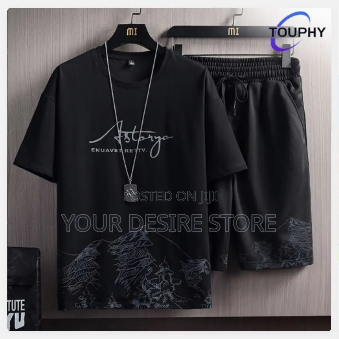 Touphy T-shirts +Shorts 100% Cotton Men's Short Sleeve Set-black