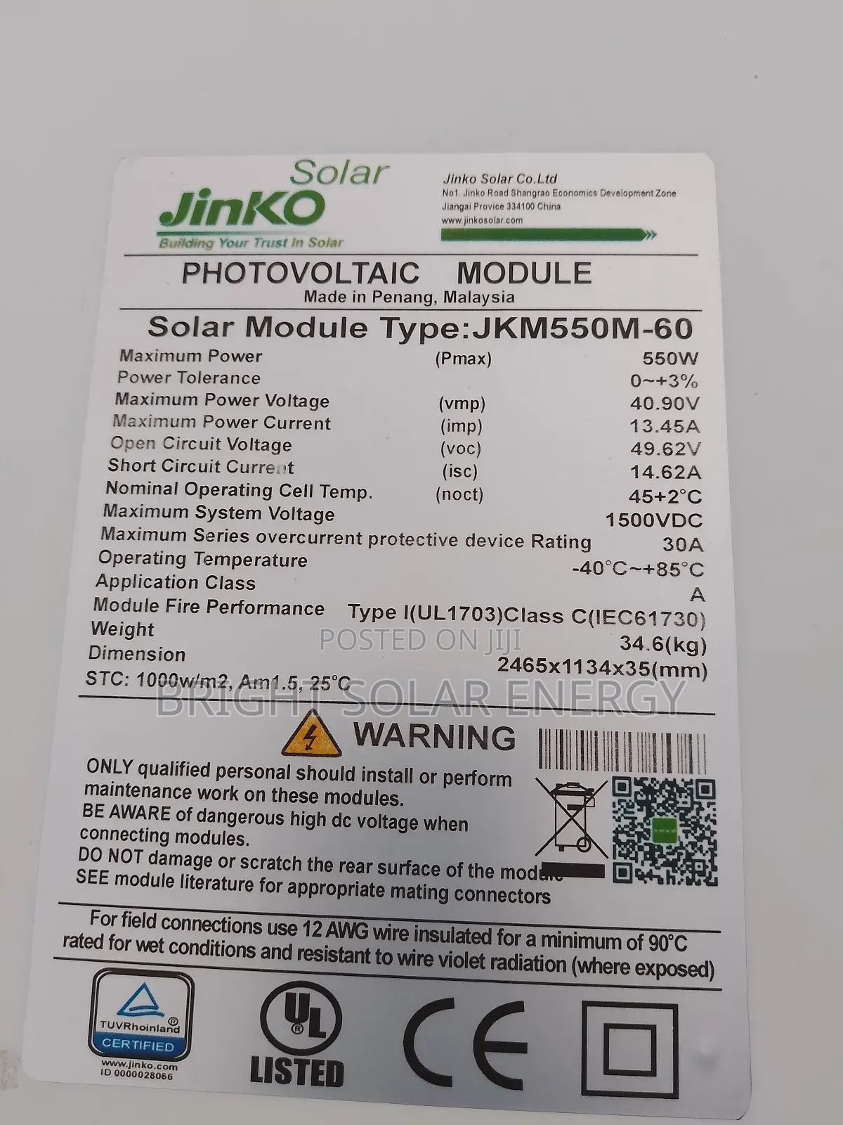 Jinko Solar Panel 550w