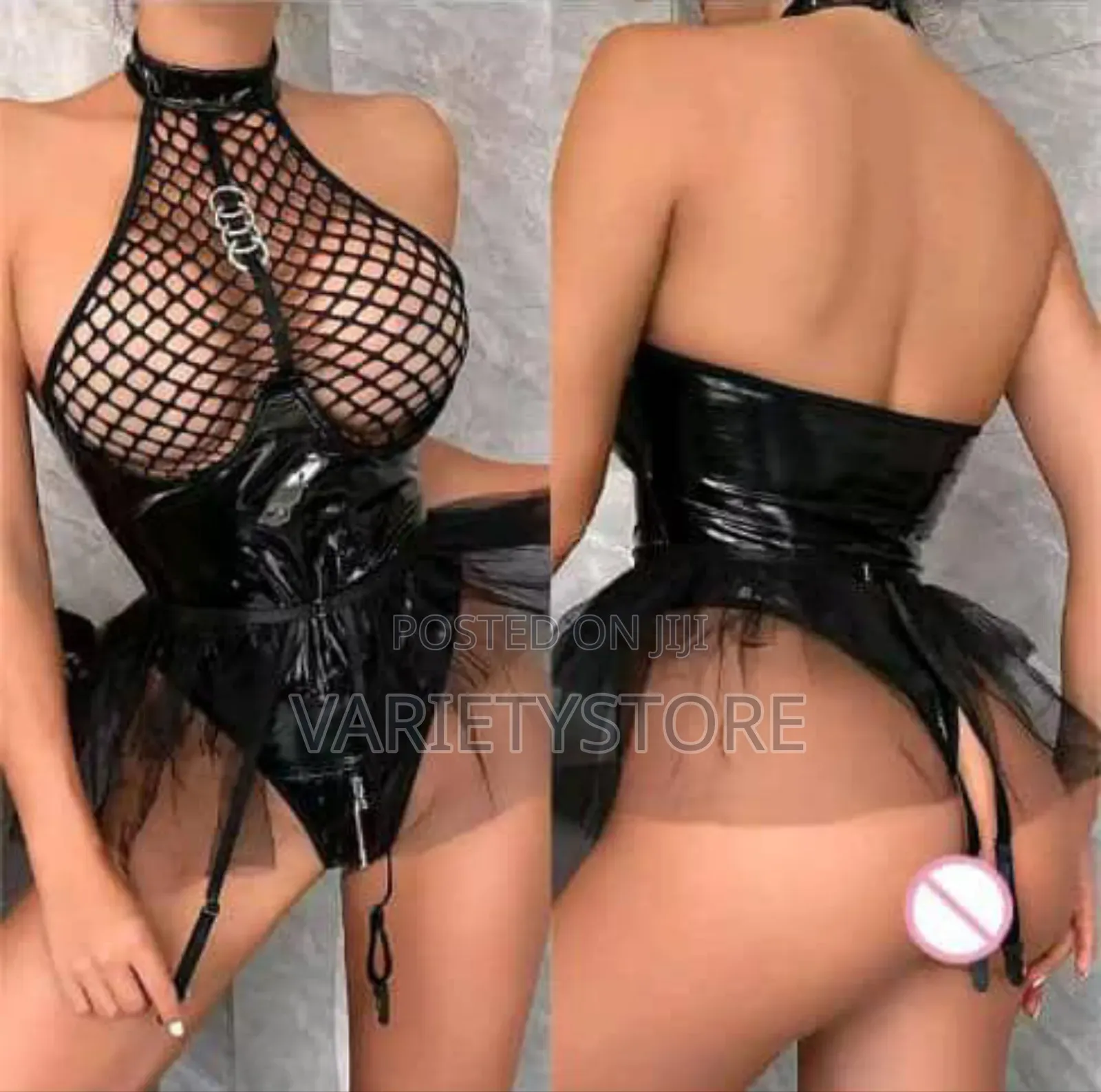 Sexy Patent Leather Mesh Halter Neck Bra Jumpsuit