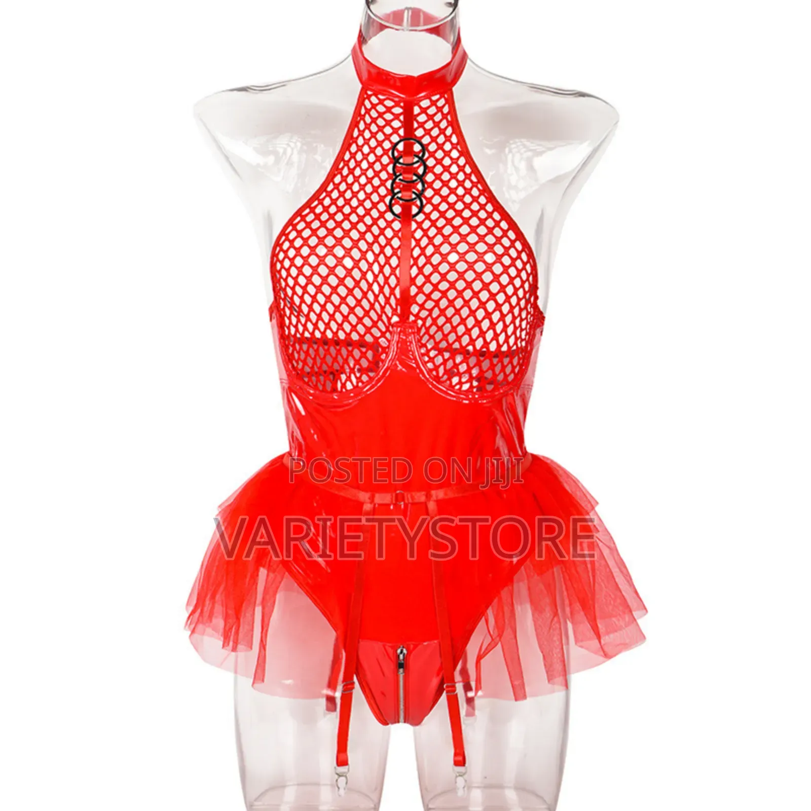 Sexy Patent Leather Mesh Halter Neck Bra Jumpsuit
