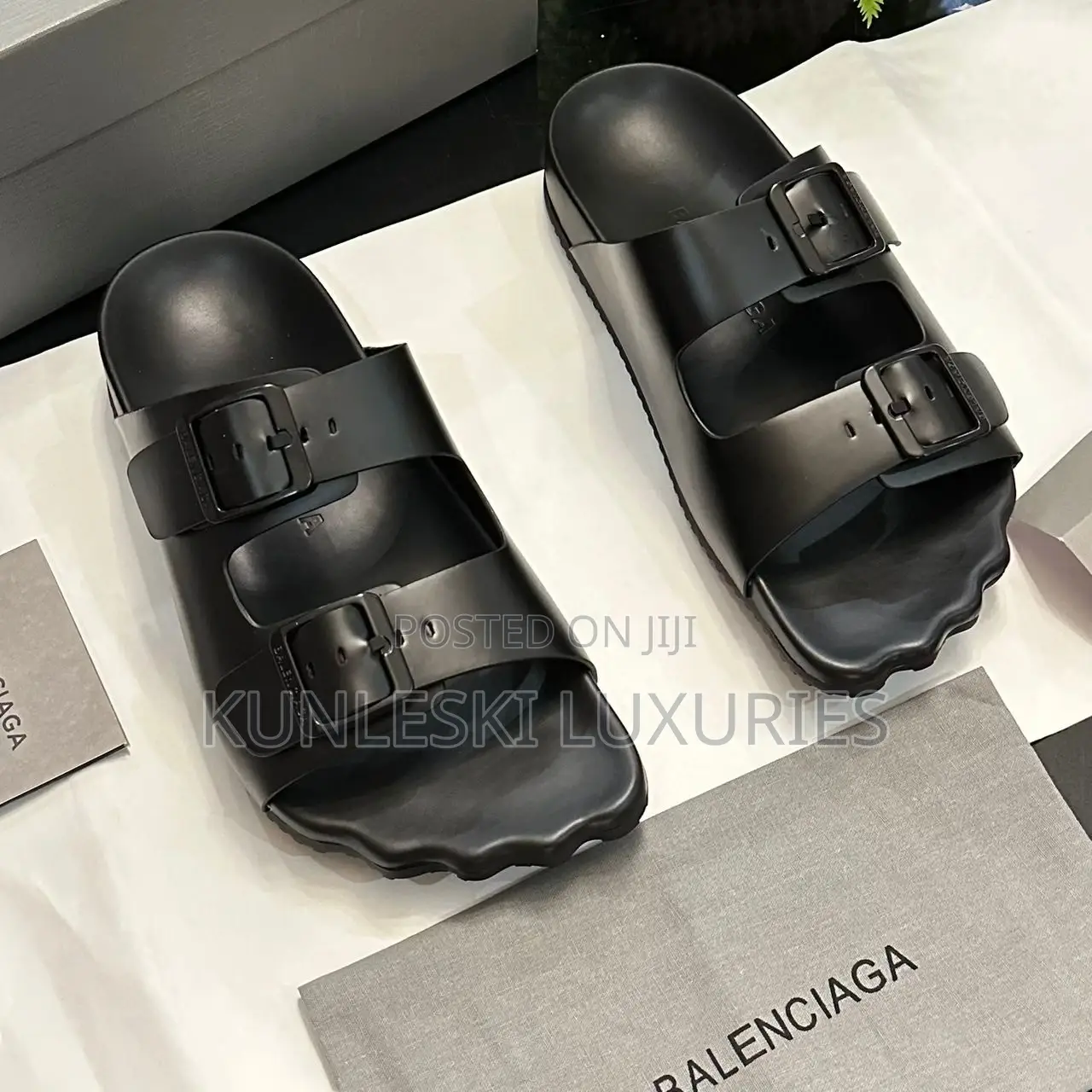 Original New Balenciaga Ten Toes Black Leather Slippers