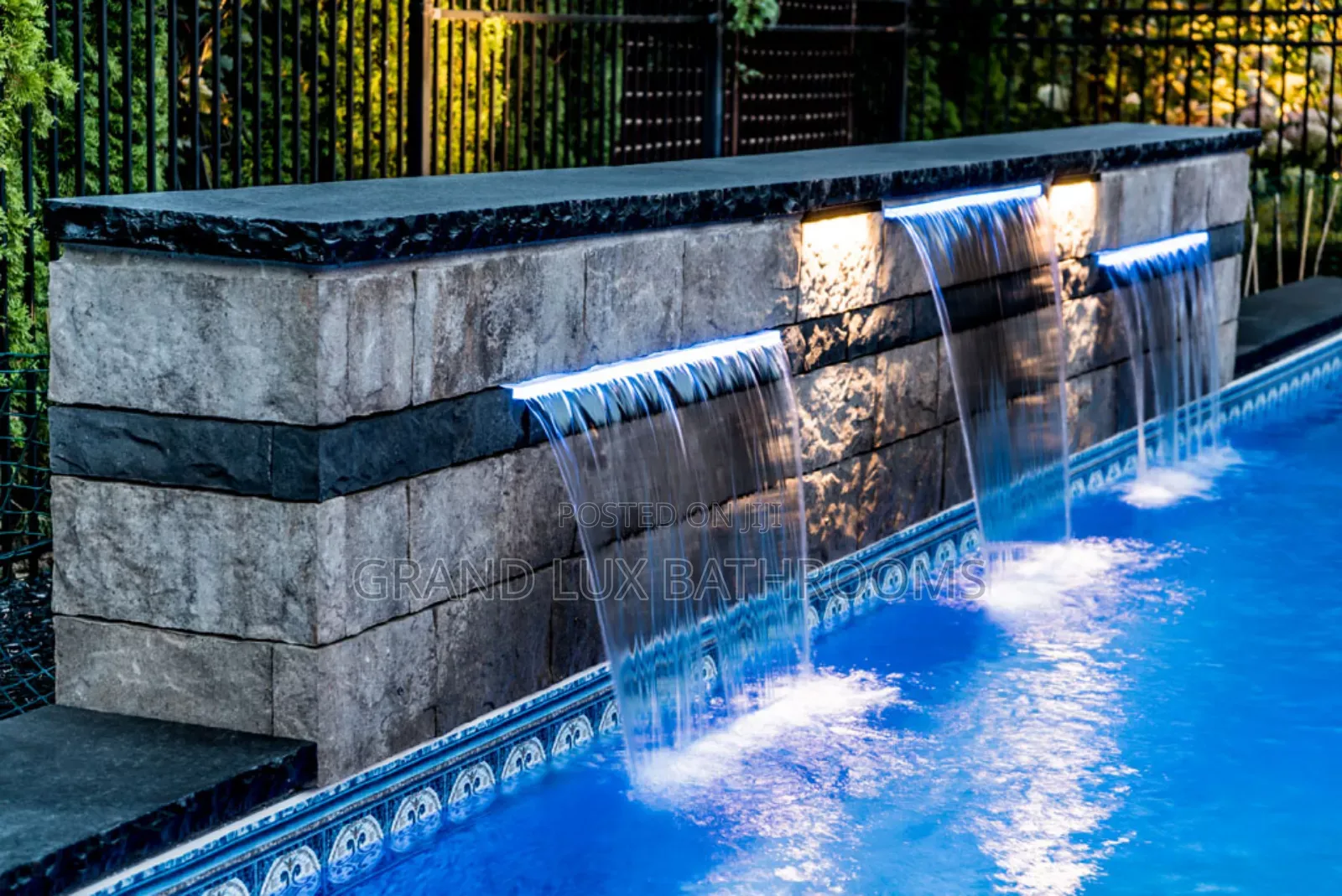 Us Made Elegant Stone Wall Pool Waterfall Feature With Led Light
