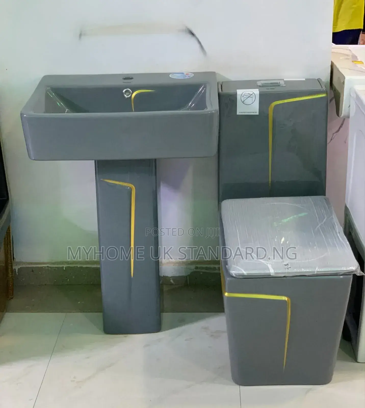 Gray And Yellow Square Water Closet Set