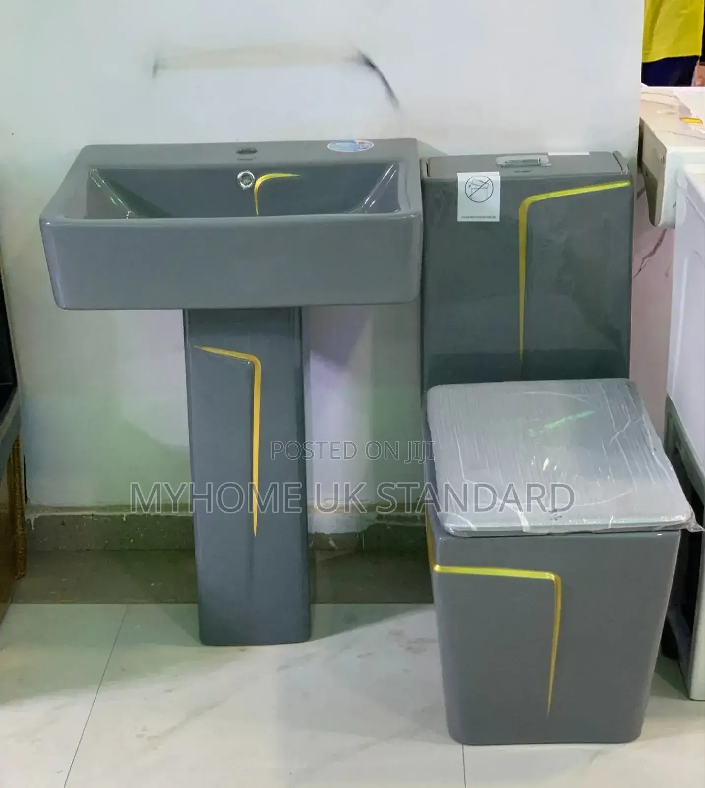Gray And Yellow Square Water Closet Set