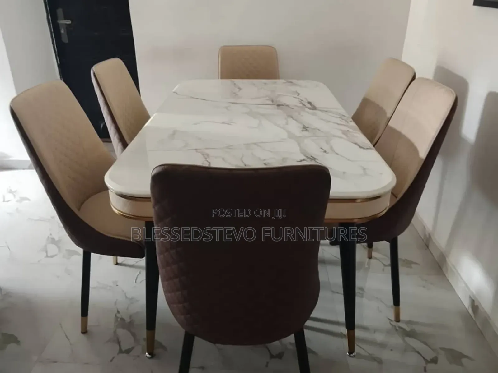 Marble Dining Table With 6 Chairs Brown Color