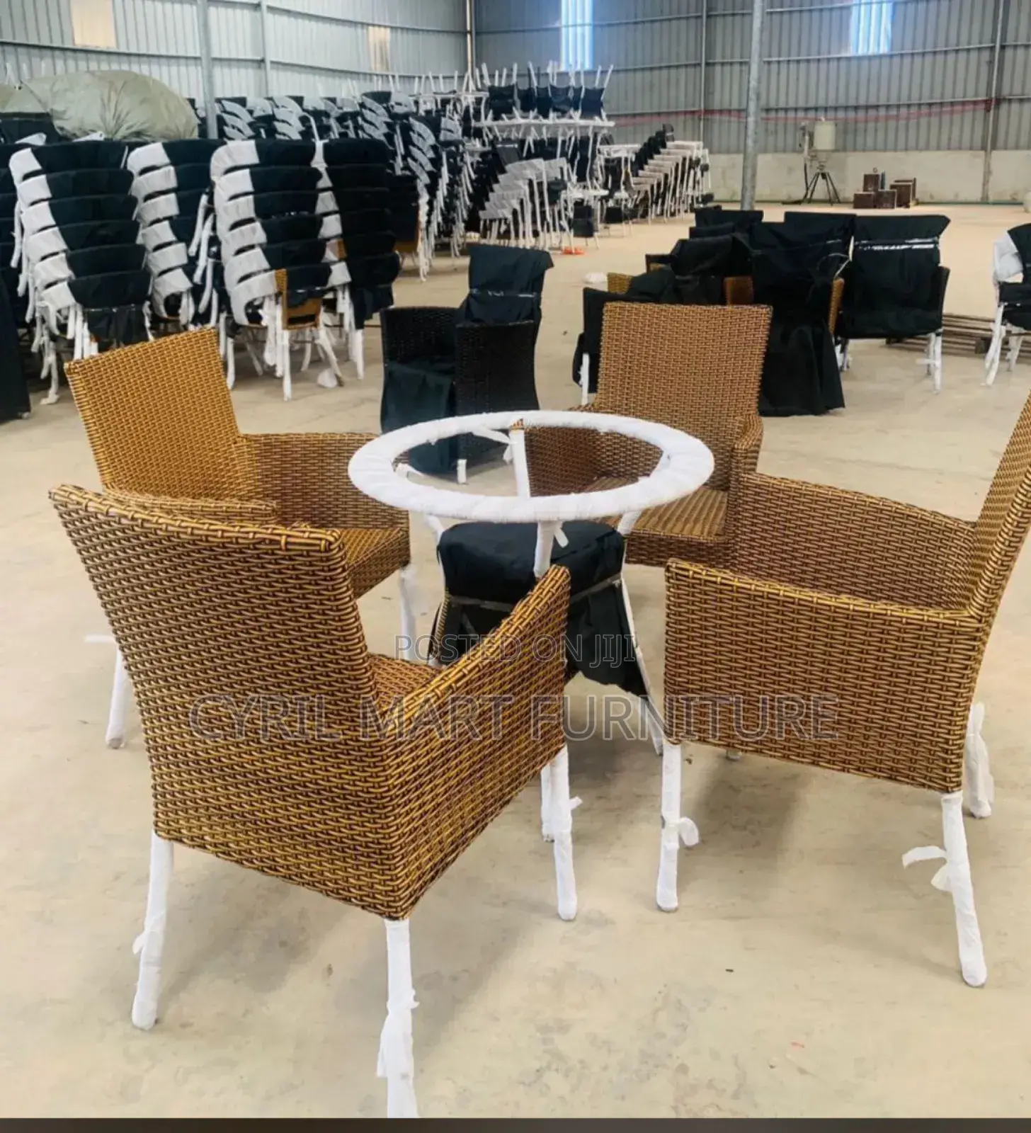 Basket Chair and Table Sent of Four Round, Chairs
