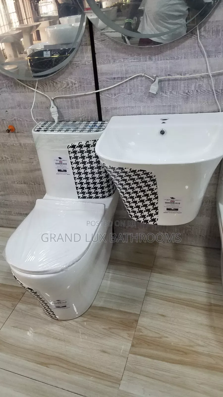 Modern Black White Patterned Toilet and Sink Set