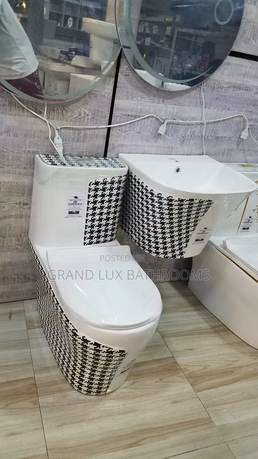 Modern Black White Patterned Toilet and Sink Set