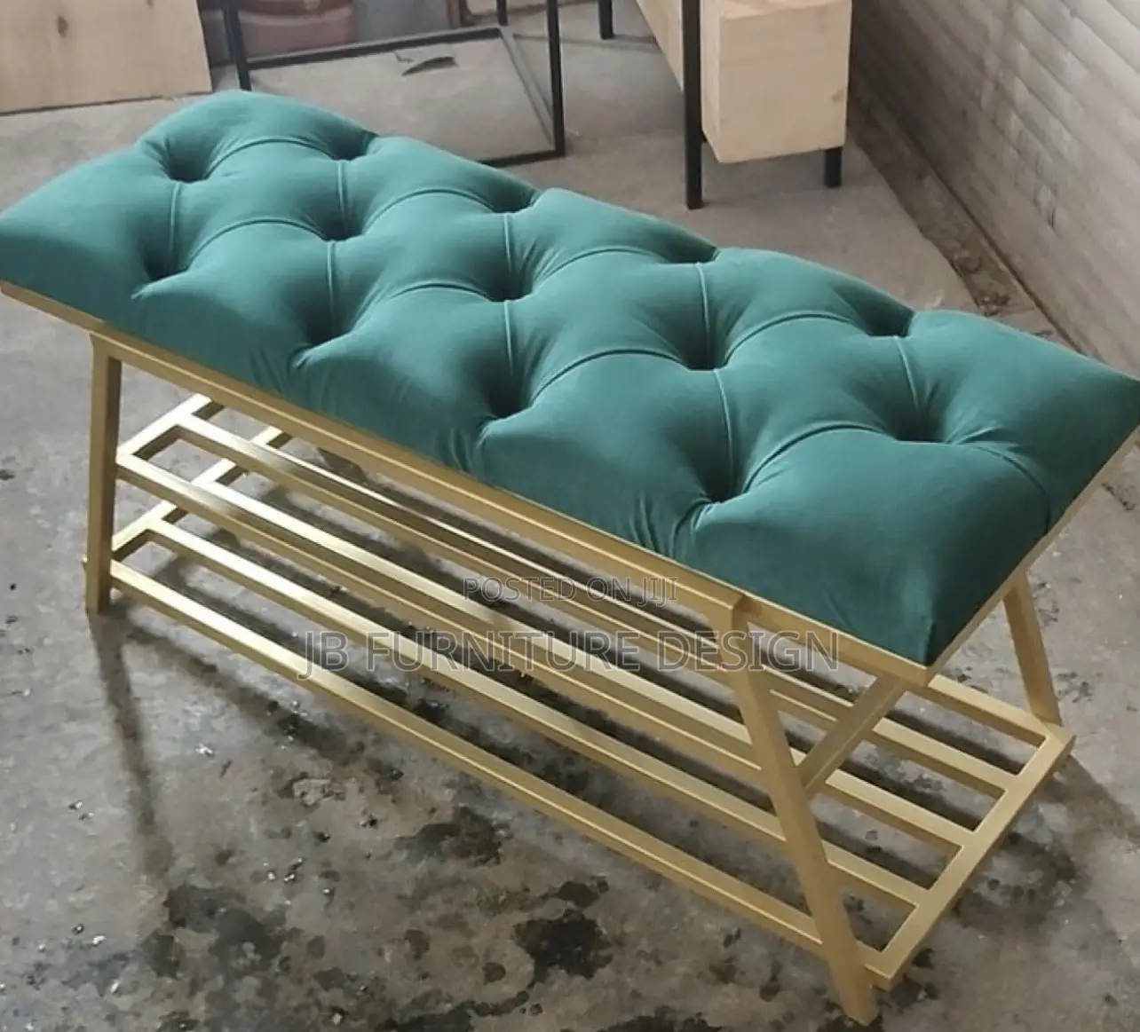 Tufted Velvet Benches or Ottomans With Gold Metal Frames.