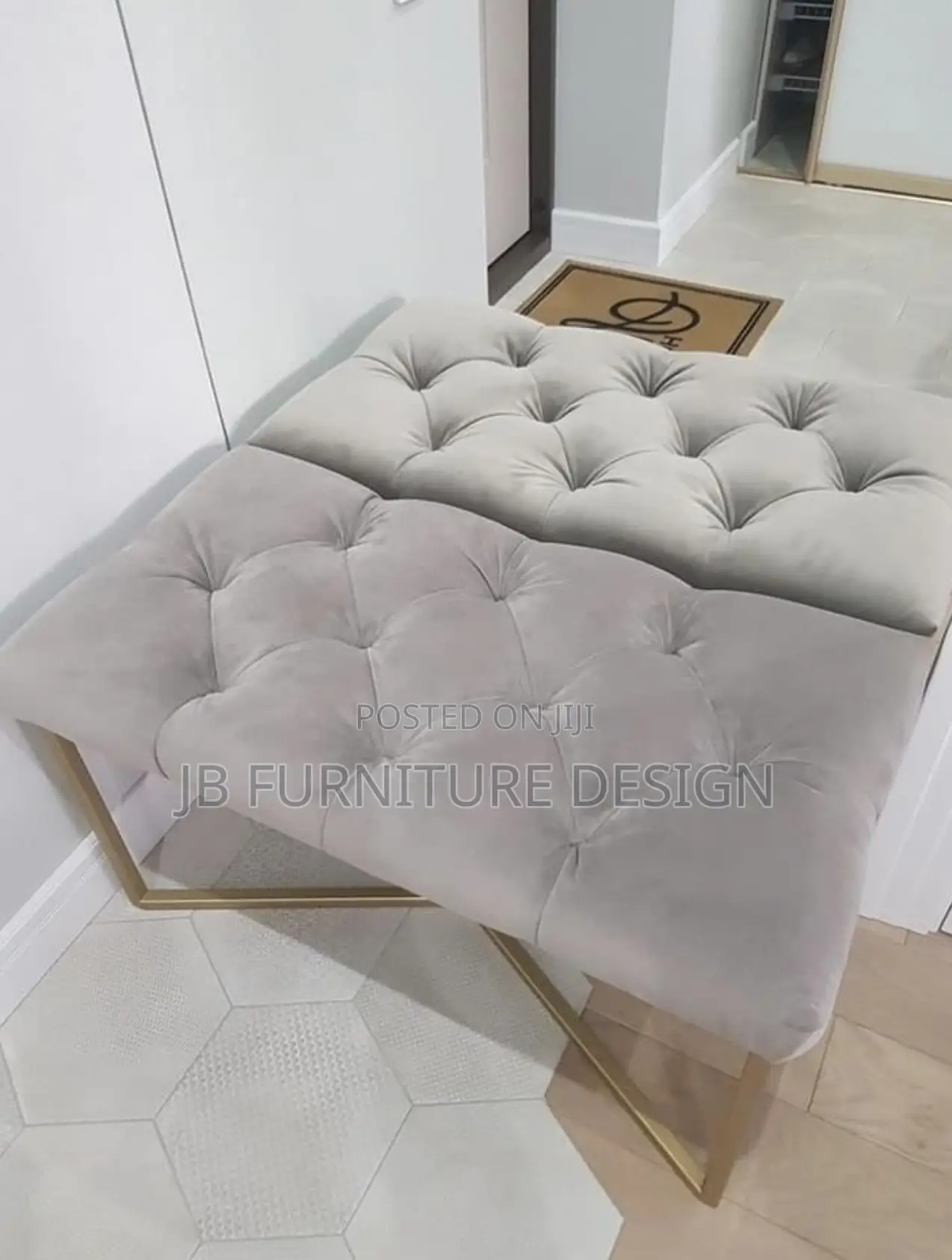 Tufted Velvet Benches or Ottomans With Gold Metal Frames.