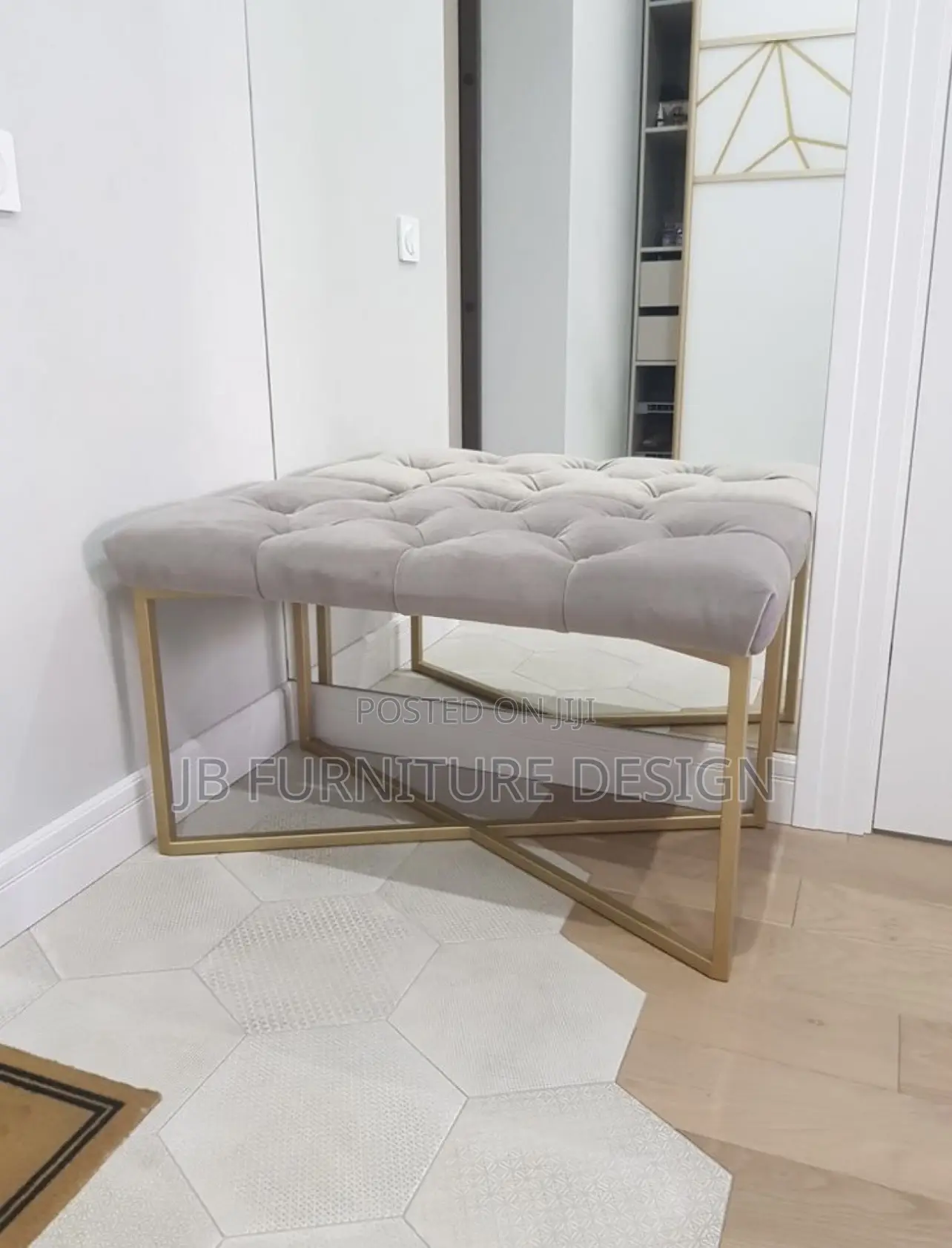 Tufted Velvet Benches or Ottomans With Gold Metal Frames.