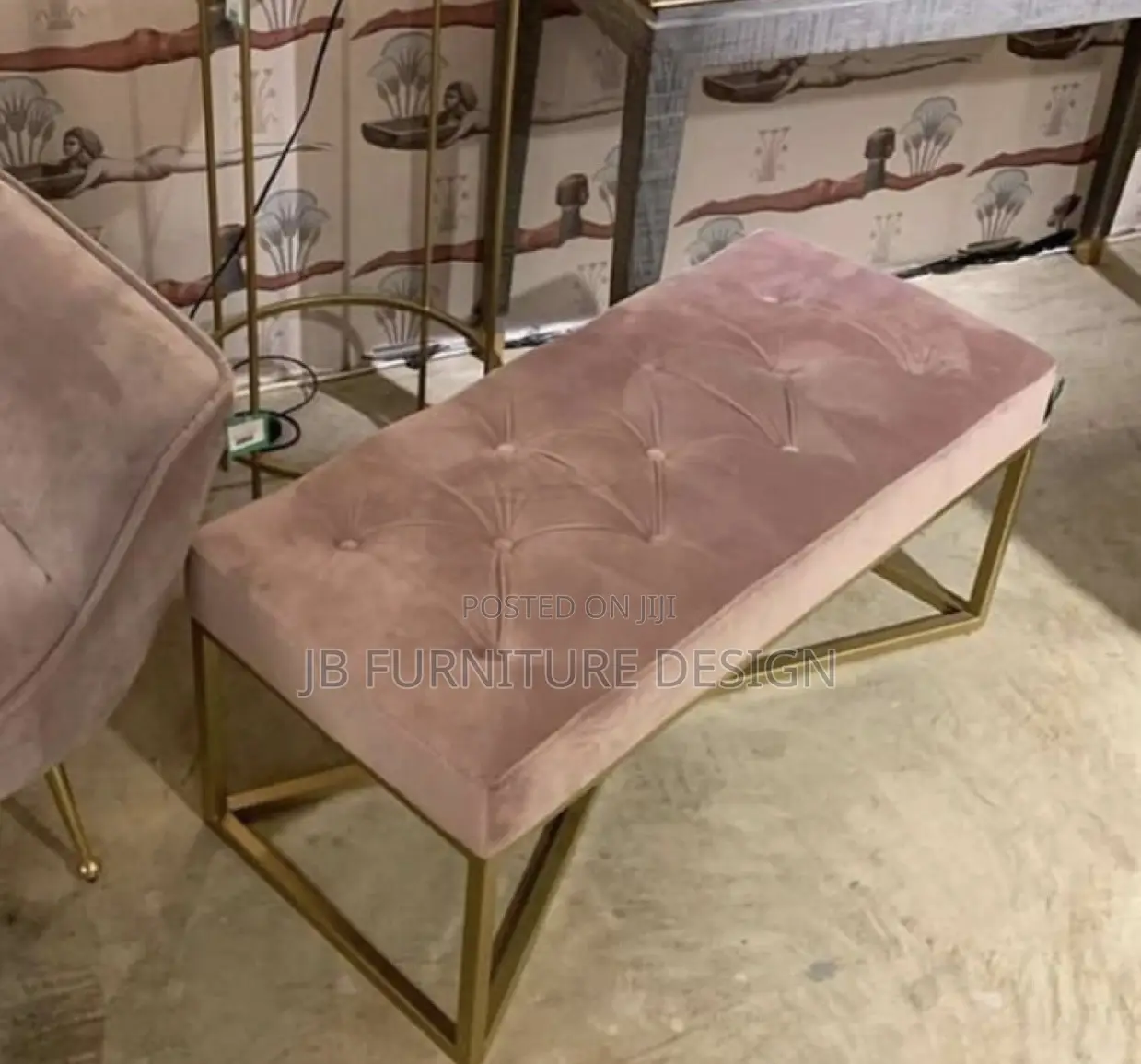 Tufted Velvet Benches or Ottomans With Gold Metal Frames.