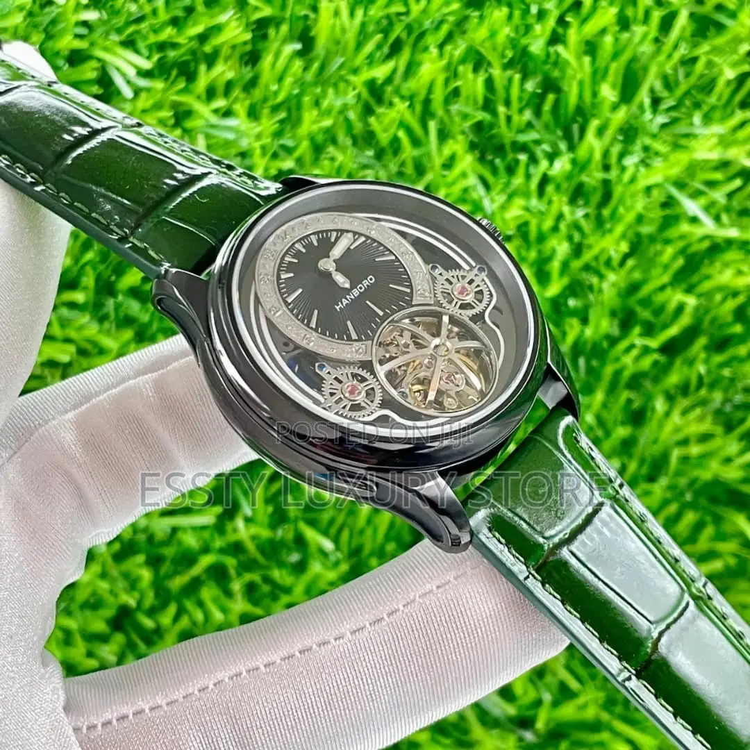 Original Hanboro Luxury Mechanical Green Leather Strap Watch